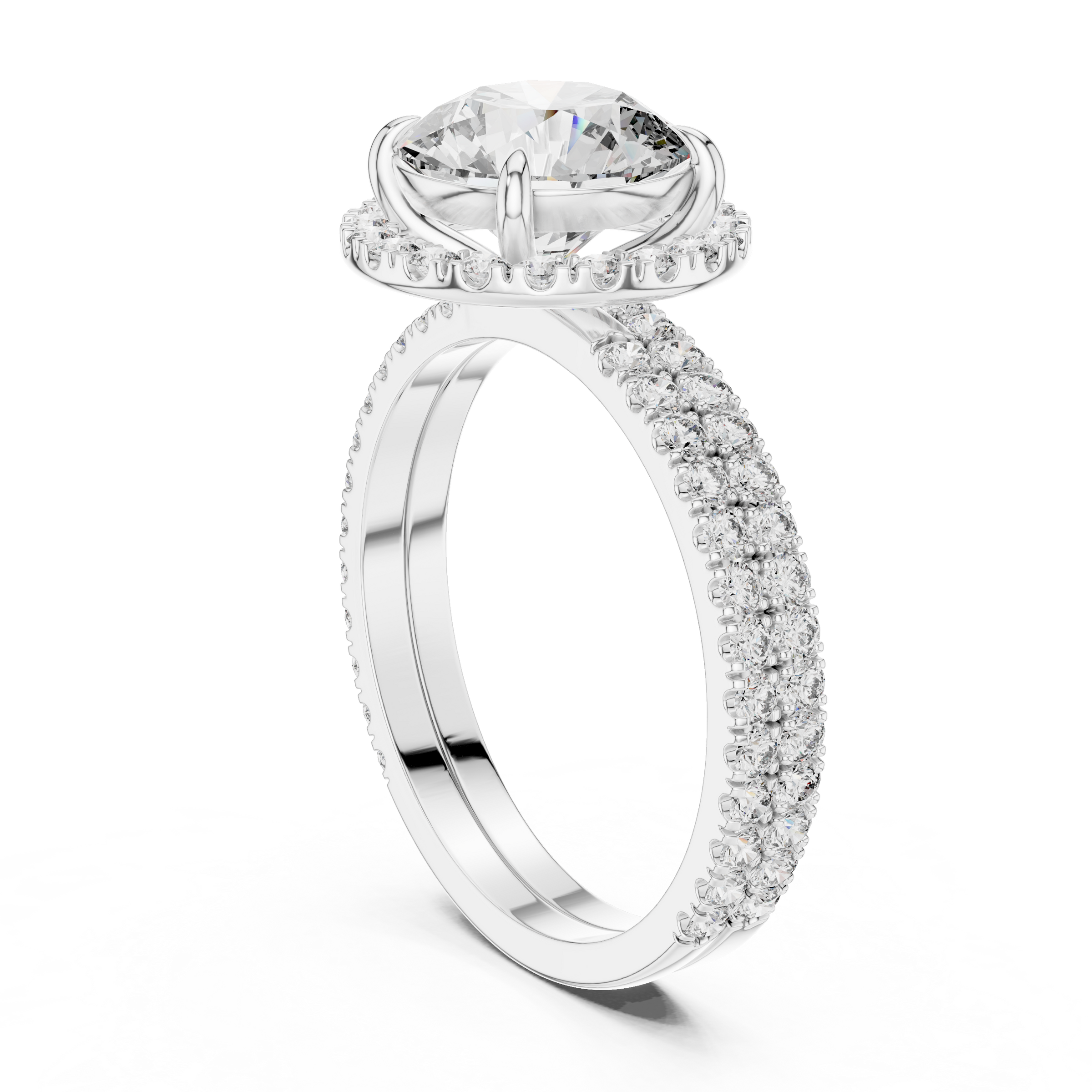 1–3 Carat Round Cut Lab-Grown Diamond Solitaire Engagement Ring with Halo & Double Pave Band in 18K Gold