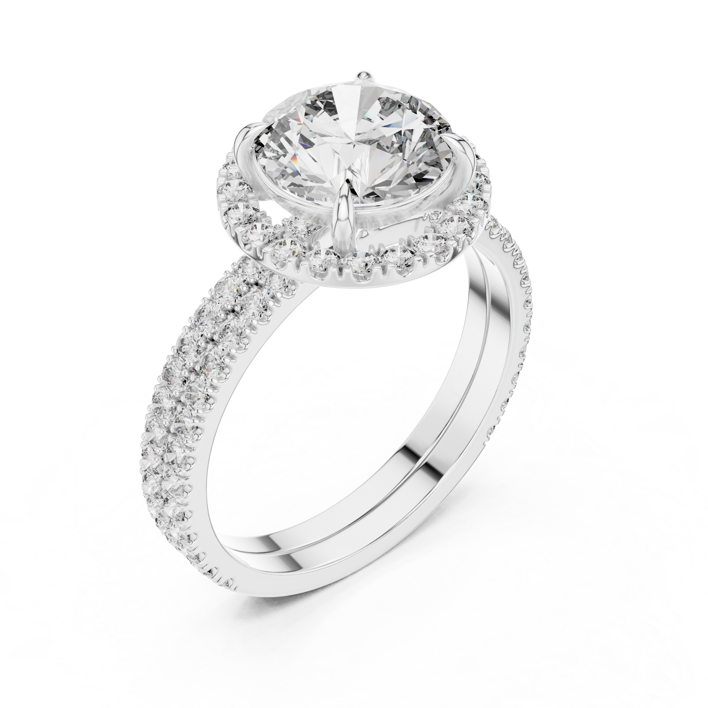 1–3 Carat Round Cut Lab-Grown Diamond Solitaire Engagement Ring with Halo & Double Pave Band in 18K Gold