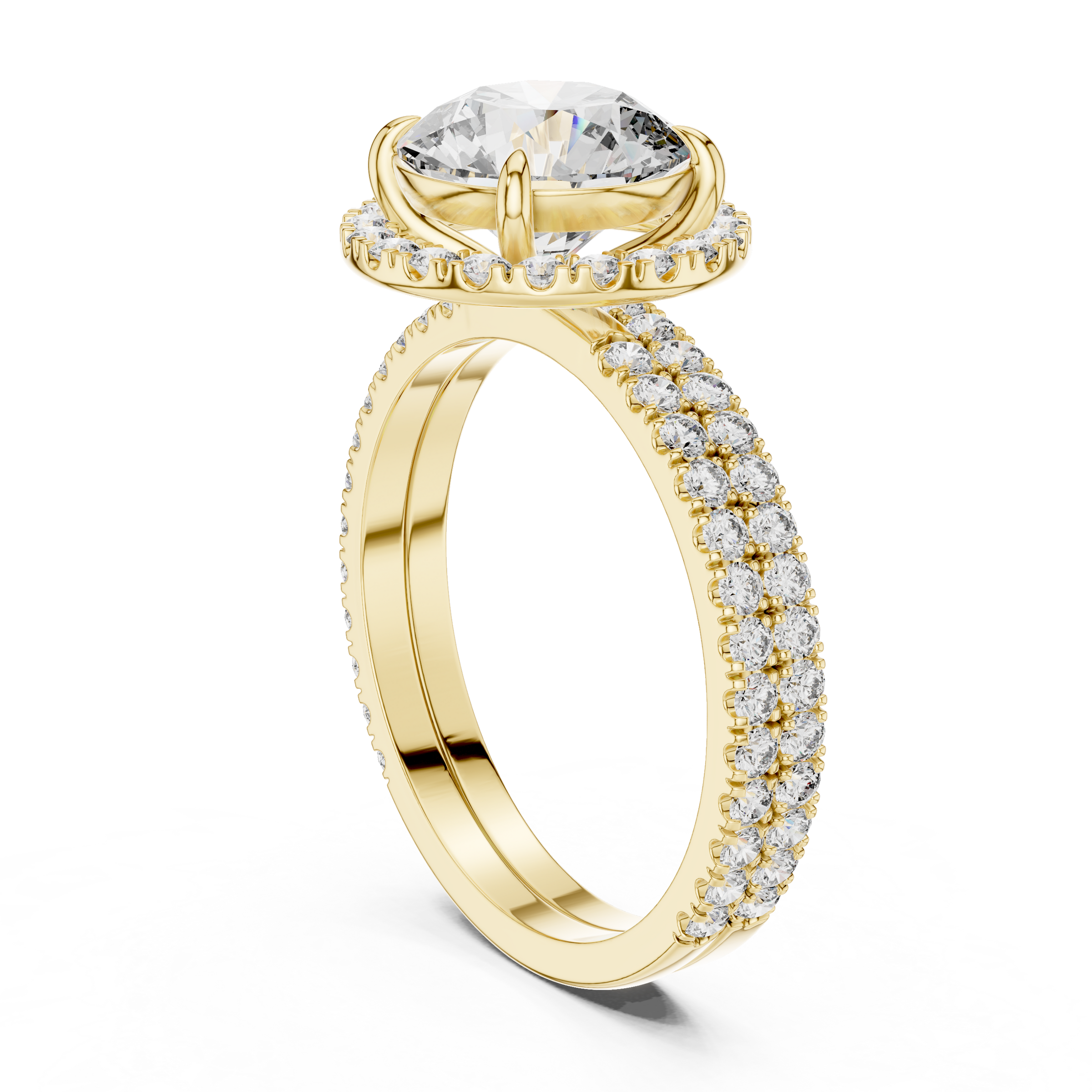 1–3 Carat Round Cut Lab-Grown Diamond Solitaire Engagement Ring with Halo & Double Pave Band in 18K Gold