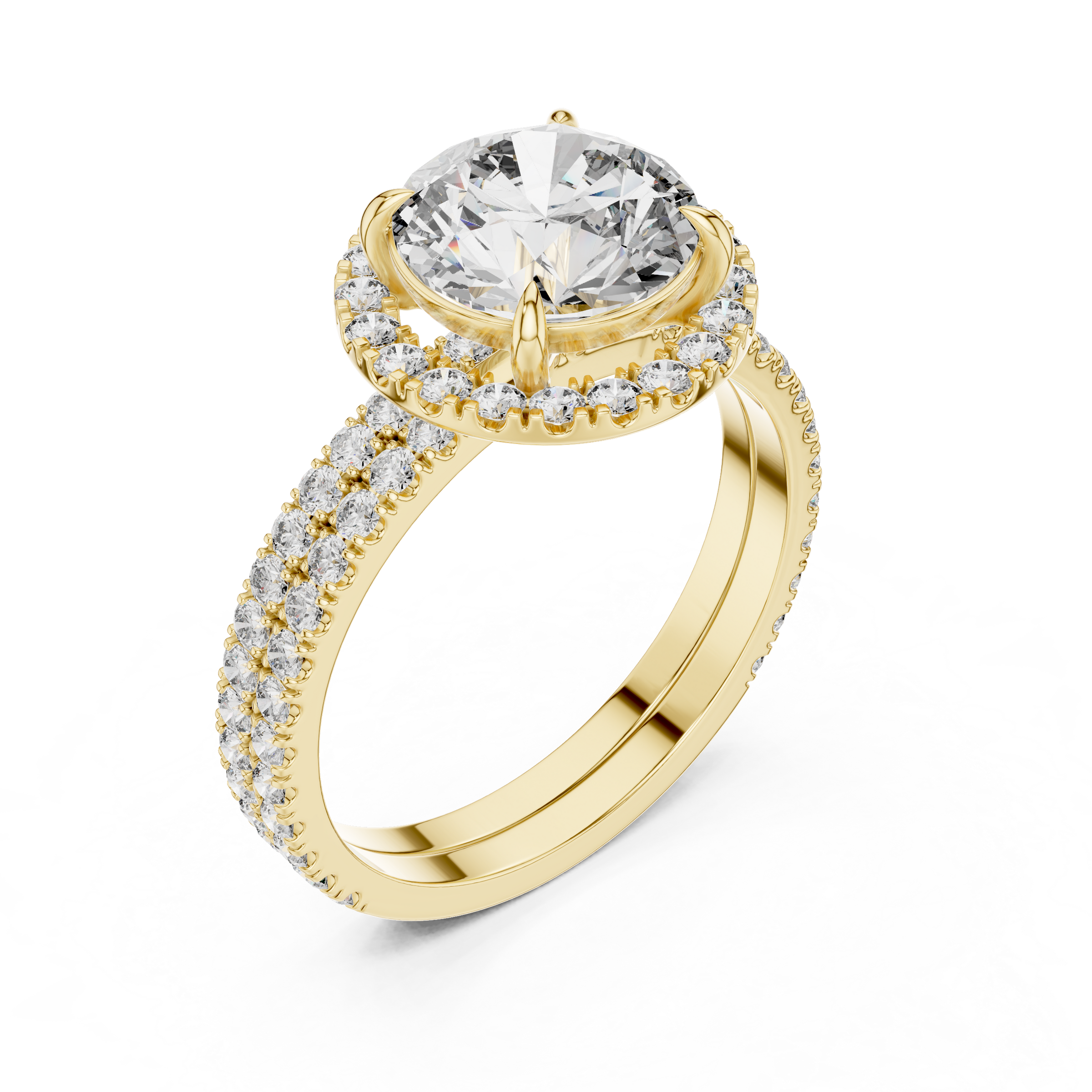 1–3 Carat Round Cut Lab-Grown Diamond Solitaire Engagement Ring with Halo & Double Pave Band in 18K Gold