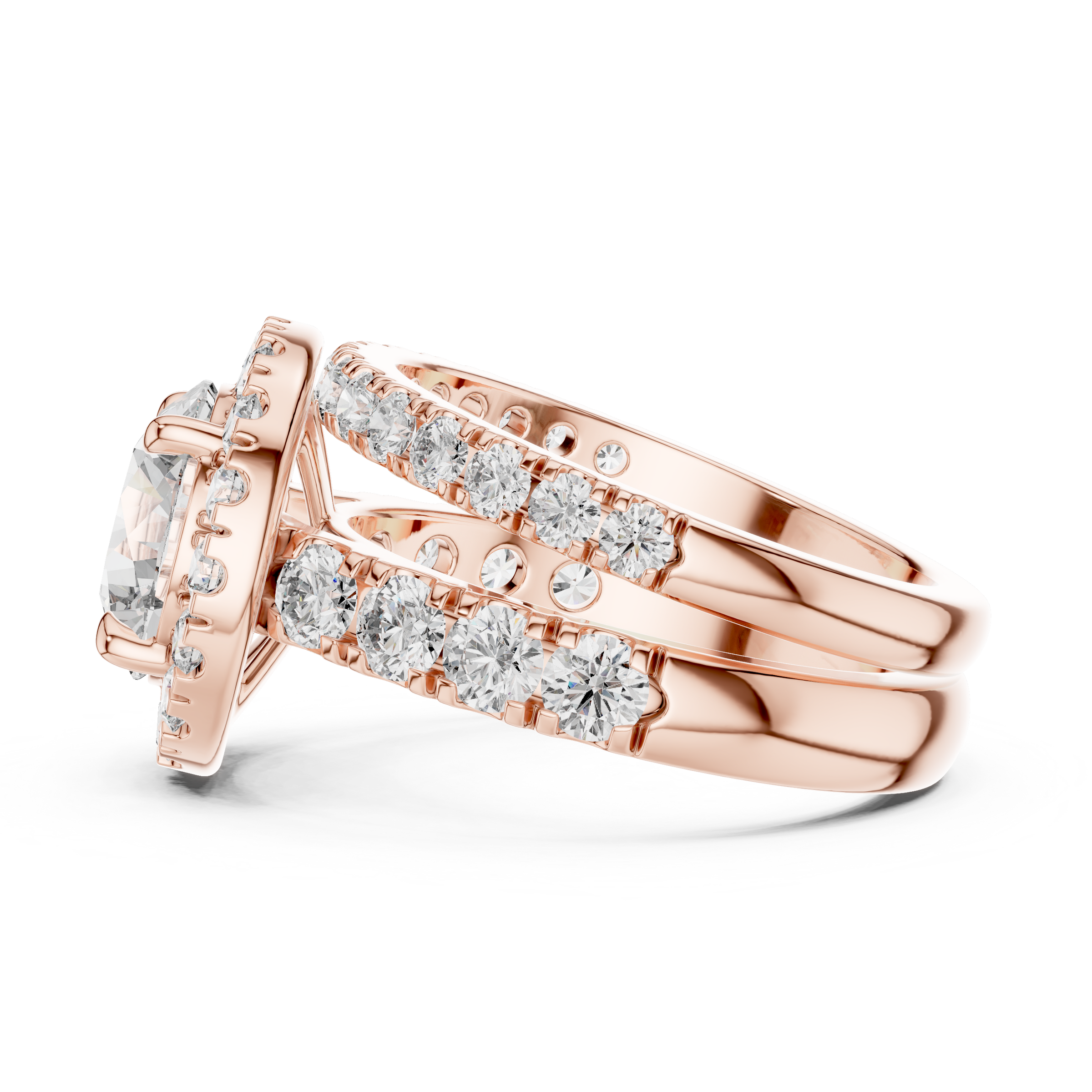 1–3 Carat Round Cut Lab-Grown Diamond Solitaire Engagement Ring with Halo & Split Pave Band in 18K Gold