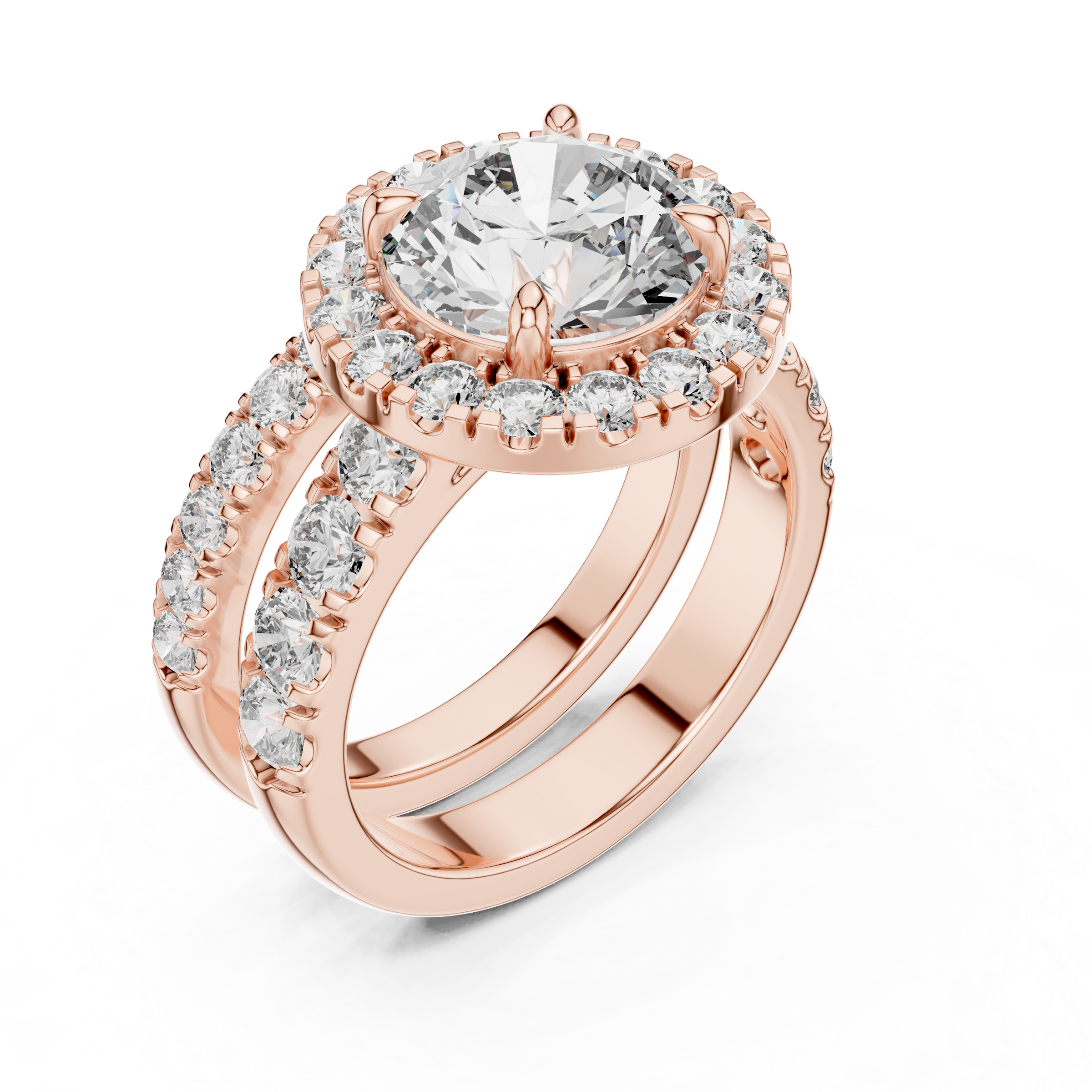 1–3 Carat Round Cut Lab-Grown Diamond Solitaire Engagement Ring with Halo & Split Pave Band in 18K Gold