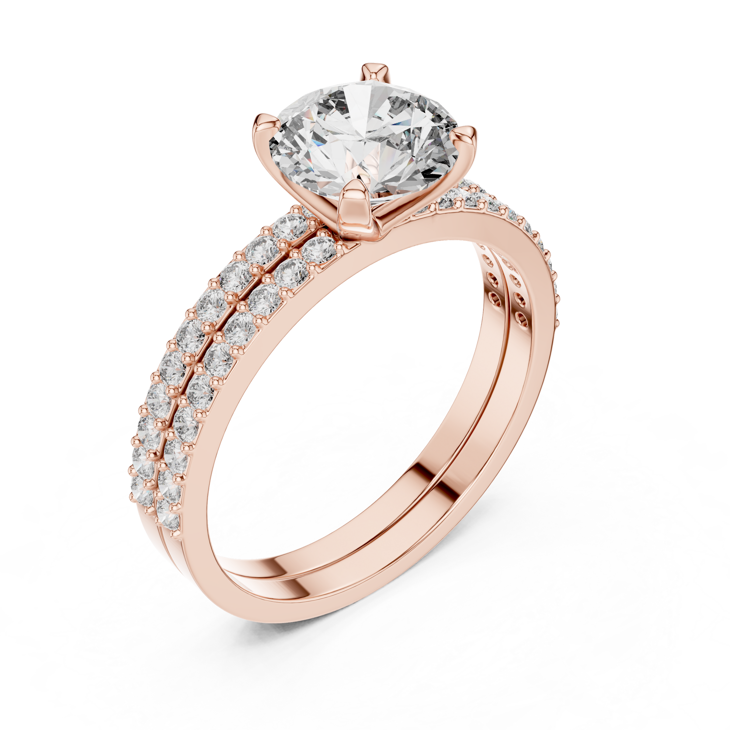 1–3 Carat Round Cut Lab-Grown Diamond Solitaire Engagement Ring with Pave Band & Half Eternity Band in 18K Gold