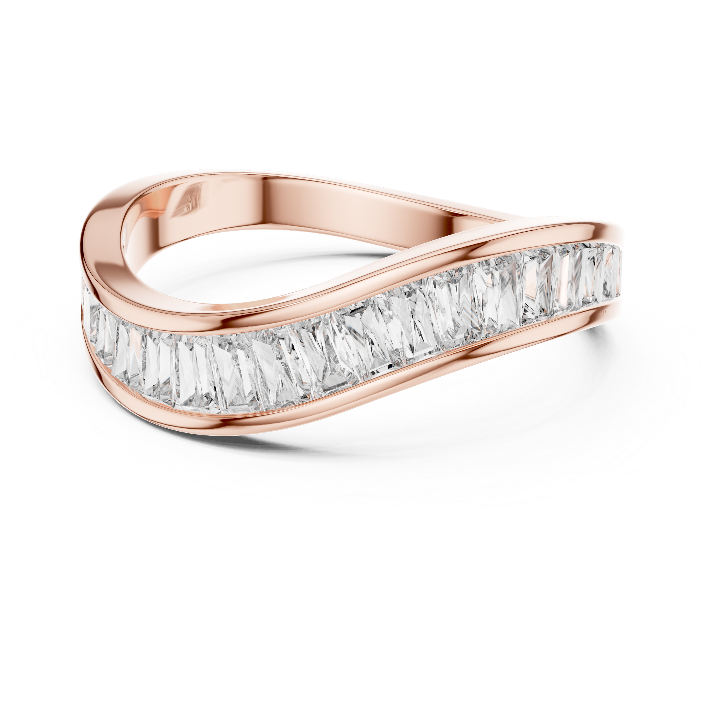 0.90 Carat Half Eternity Tapered Baguette Lab-Grown Diamond Ring with Channel Setting Wave Band in 18K Gold