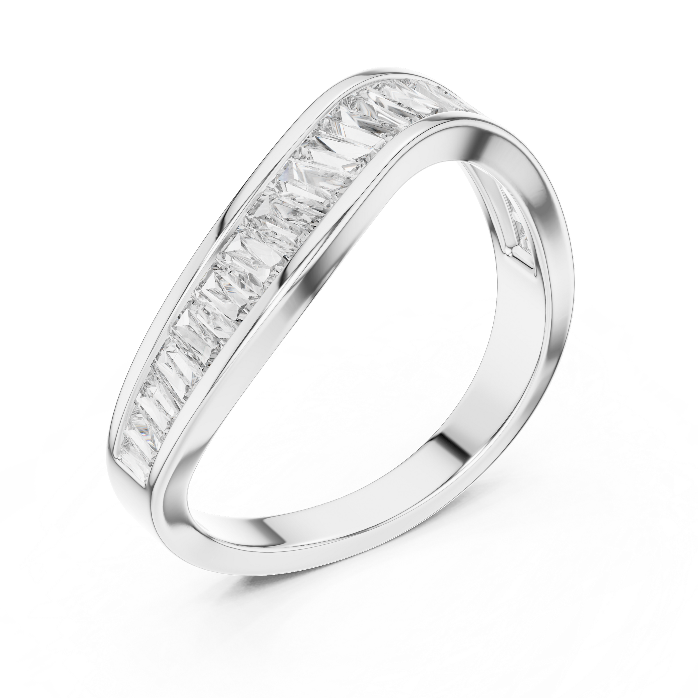 0.90 Carat Half Eternity Tapered Baguette Lab-Grown Diamond Ring with Channel Setting Wave Band in 18K Gold