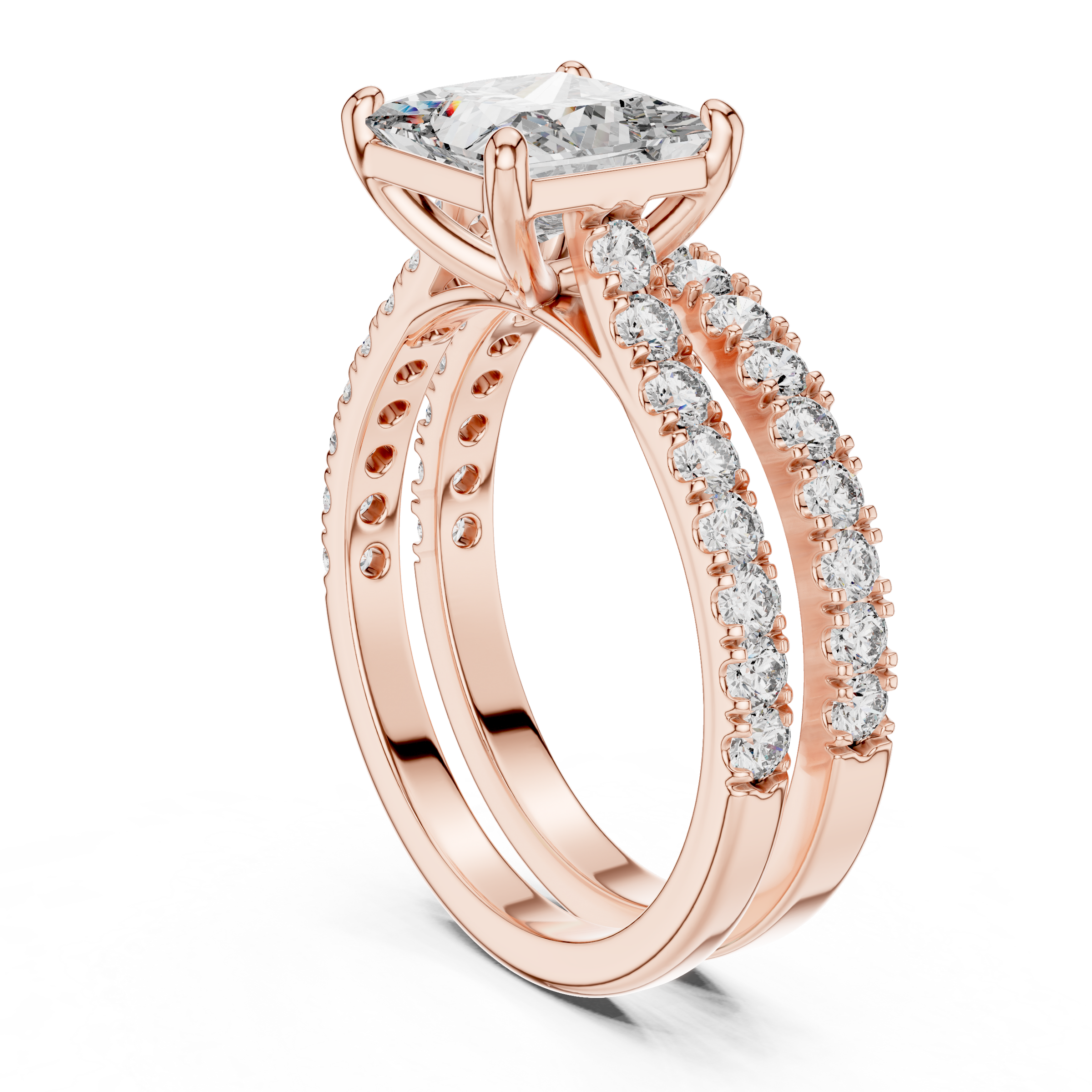 1–3 Carat Princess Cut Lab-Grown Diamond Solitaire Engagement Ring with Pave Band & Half Eternity Band in 18K Gold