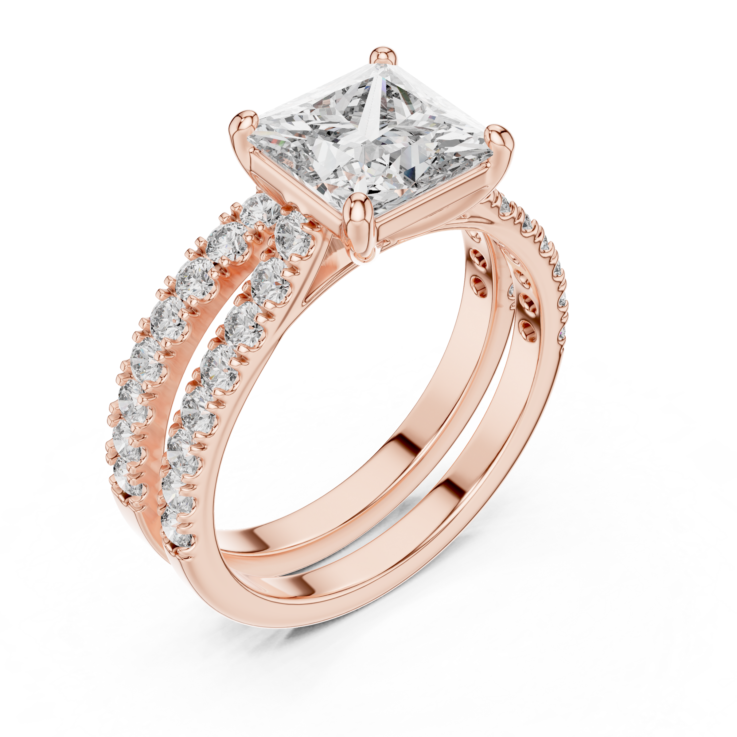 1–3 Carat Princess Cut Lab-Grown Diamond Solitaire Engagement Ring with Pave Band & Half Eternity Band in 18K Gold