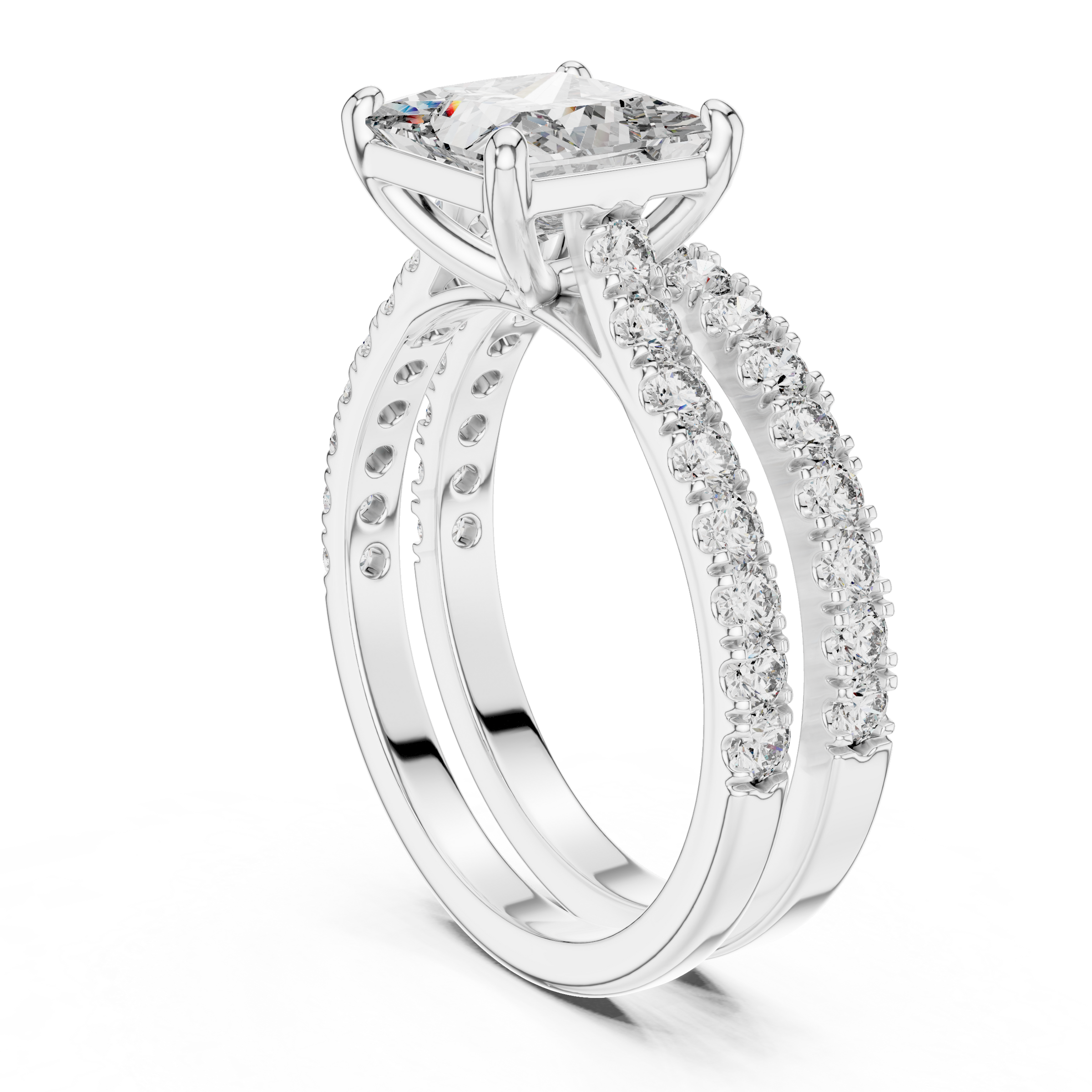 1–3 Carat Princess Cut Lab-Grown Diamond Solitaire Engagement Ring with Pave Band & Half Eternity Band in 18K Gold