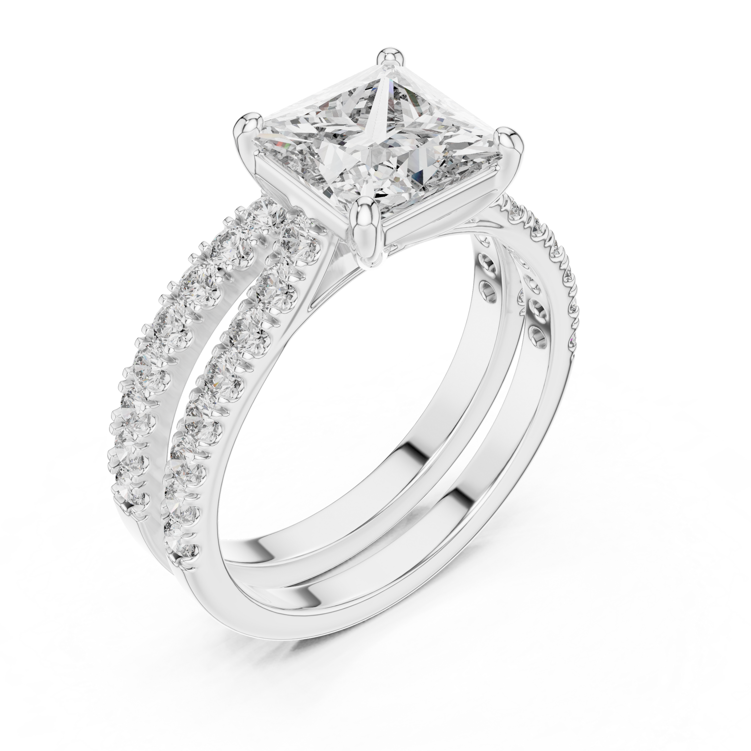 1–3 Carat Princess Cut Lab-Grown Diamond Solitaire Engagement Ring with Pave Band & Half Eternity Band in 18K Gold