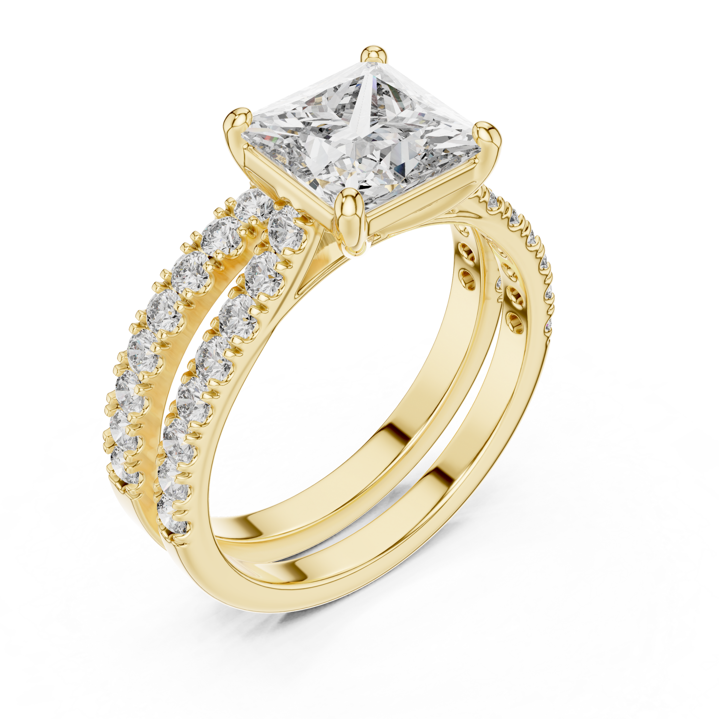1–3 Carat Princess Cut Lab-Grown Diamond Solitaire Engagement Ring with Pave Band & Half Eternity Band in 18K Gold