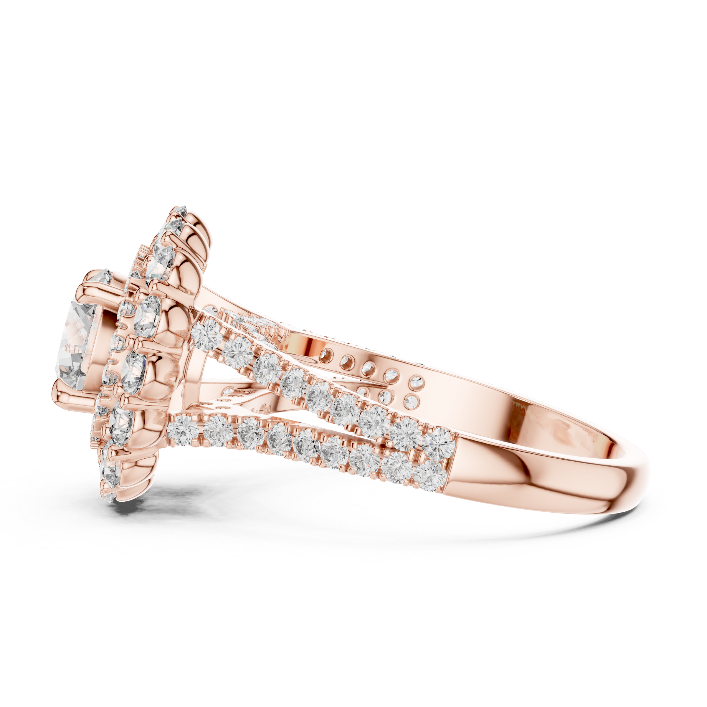 1–3 Carat Round Cut Lab-Grown Diamond Solitaire Engagement Ring with Double Halo & Split Shank Pave Band in 18K Gold