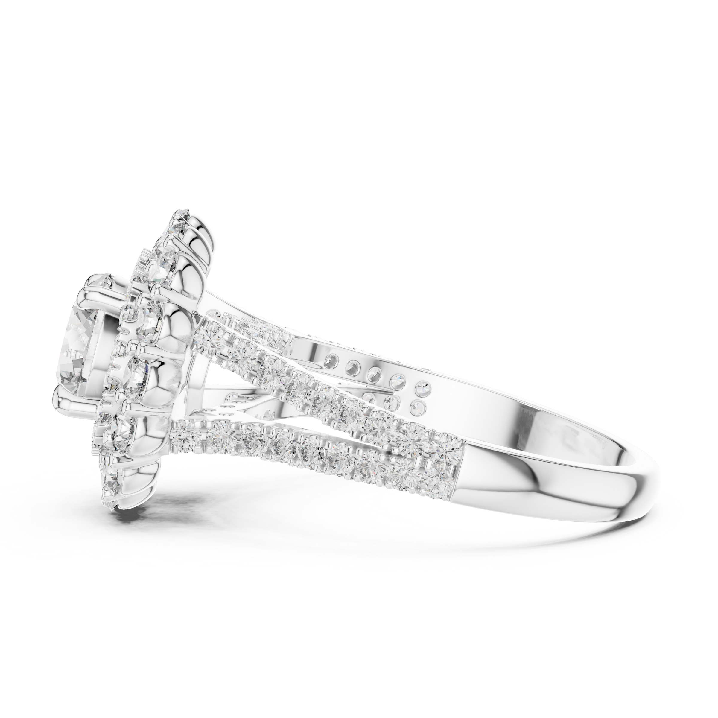 1–3 Carat Round Cut Lab-Grown Diamond Solitaire Engagement Ring with Double Halo & Split Shank Pave Band in 18K Gold