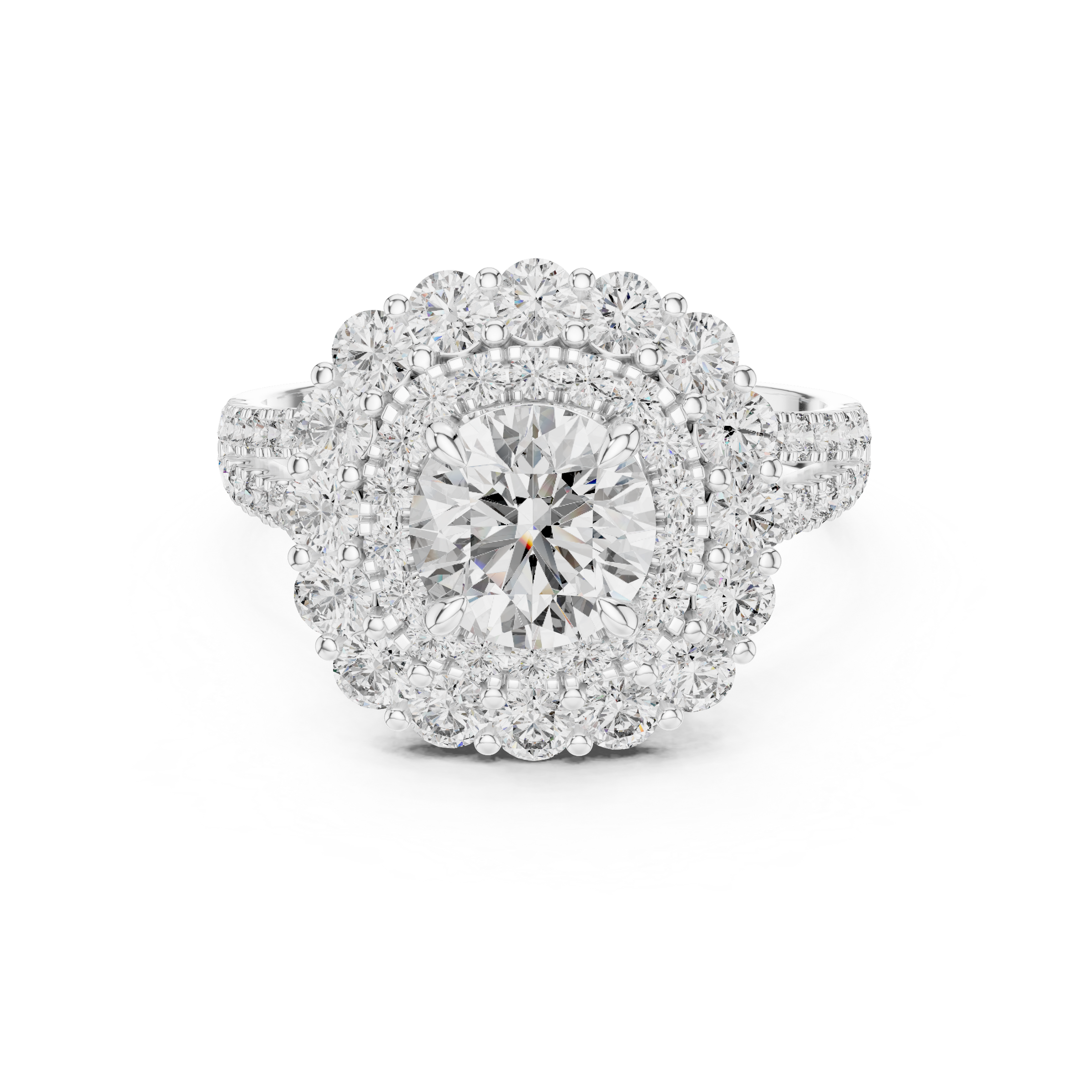 1–3 Carat Round Cut Lab-Grown Diamond Solitaire Engagement Ring with Double Halo & Split Shank Pave Band in 18K Gold