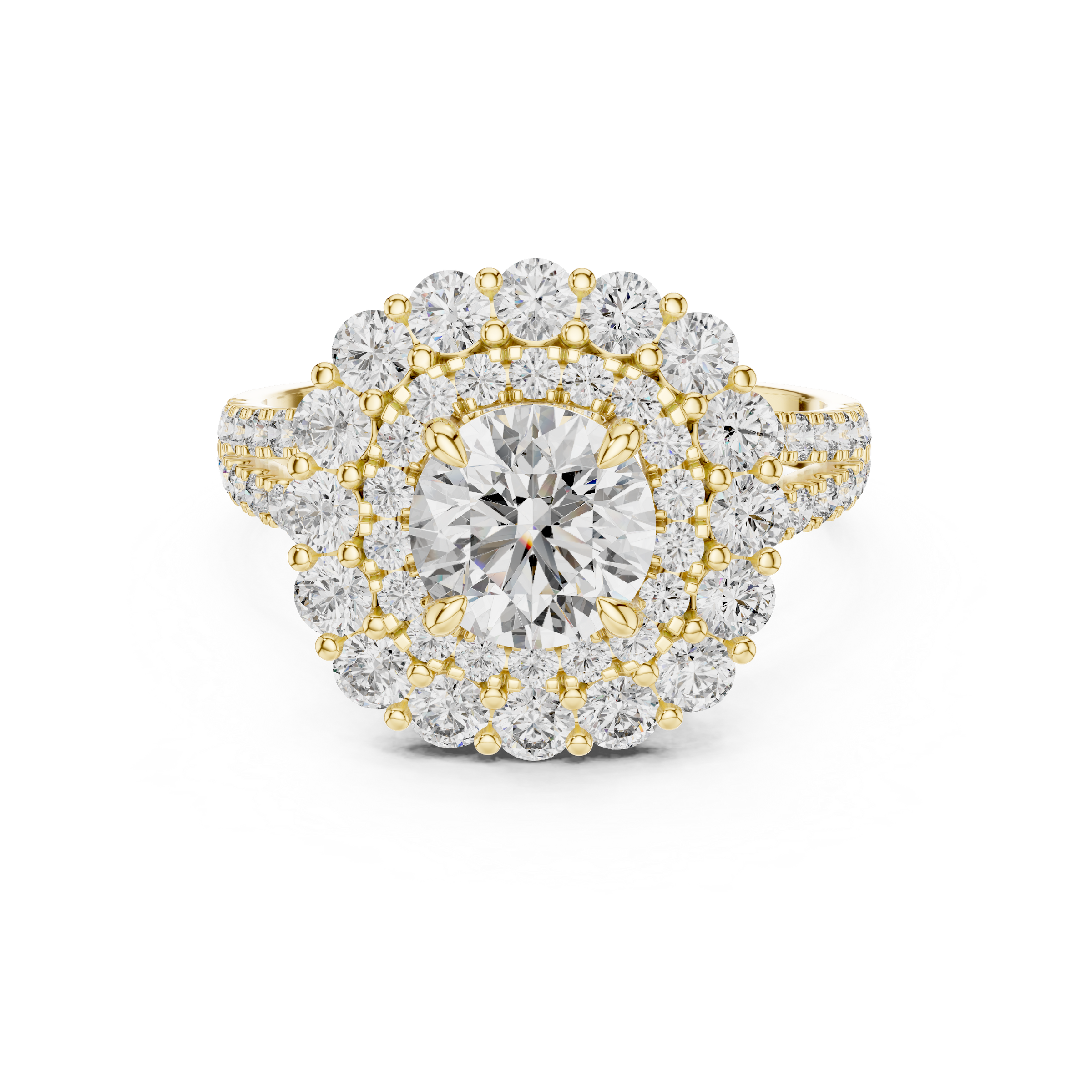 1–3 Carat Round Cut Lab-Grown Diamond Solitaire Engagement Ring with Double Halo & Split Shank Pave Band in 18K Gold