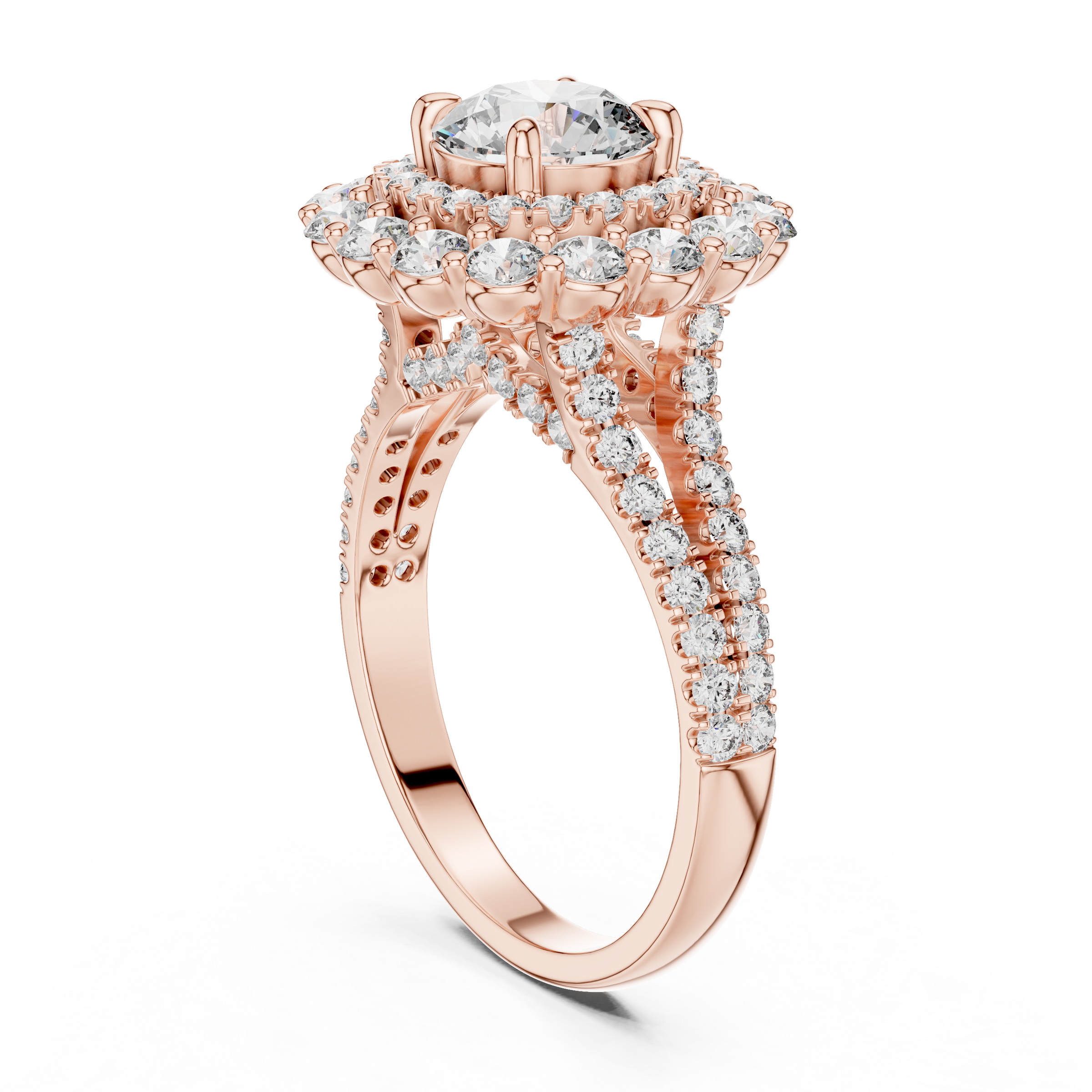 1–3 Carat Round Cut Lab-Grown Diamond Solitaire Engagement Ring with Double Halo & Split Shank Pave Band in 18K Gold
