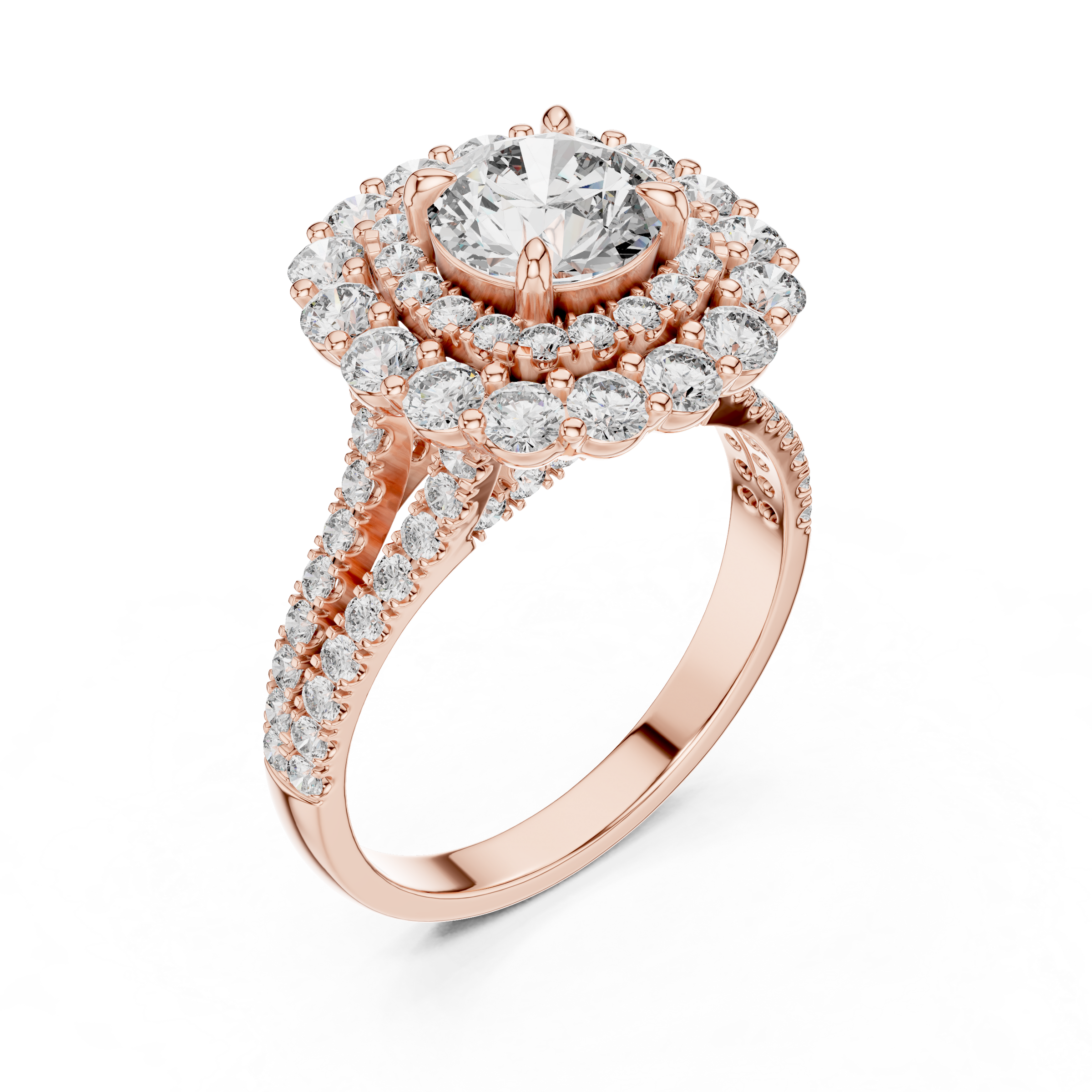 1–3 Carat Round Cut Lab-Grown Diamond Solitaire Engagement Ring with Double Halo & Split Shank Pave Band in 18K Gold