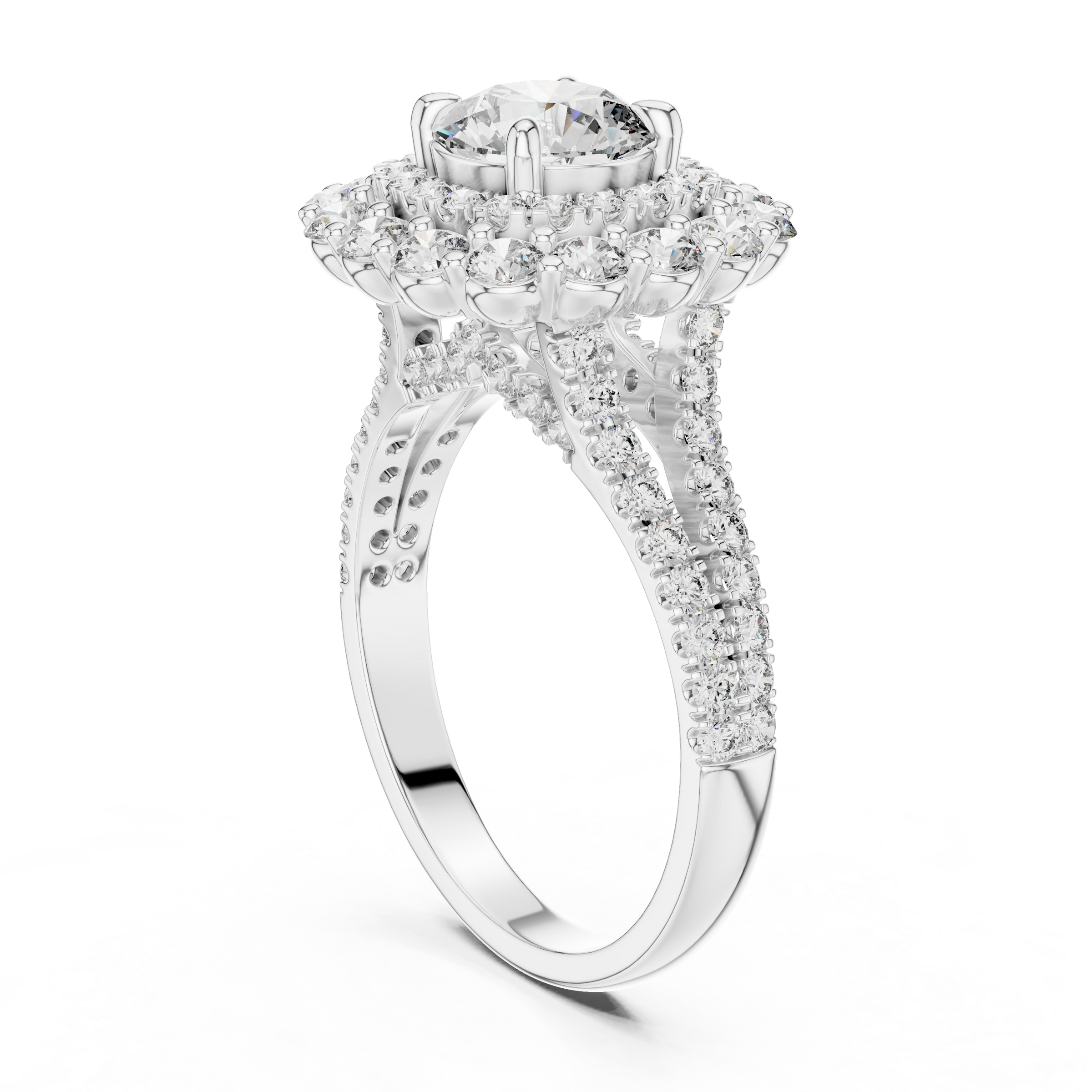 1–3 Carat Round Cut Lab-Grown Diamond Solitaire Engagement Ring with Double Halo & Split Shank Pave Band in 18K Gold
