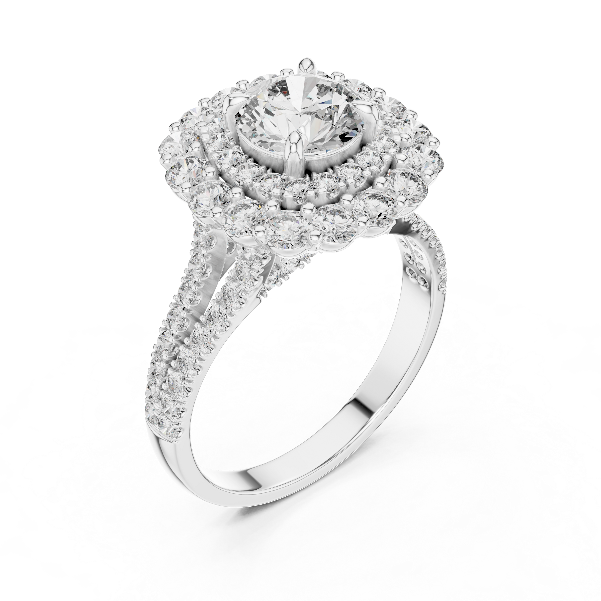 1–3 Carat Round Cut Lab-Grown Diamond Solitaire Engagement Ring with Double Halo & Split Shank Pave Band in 18K Gold