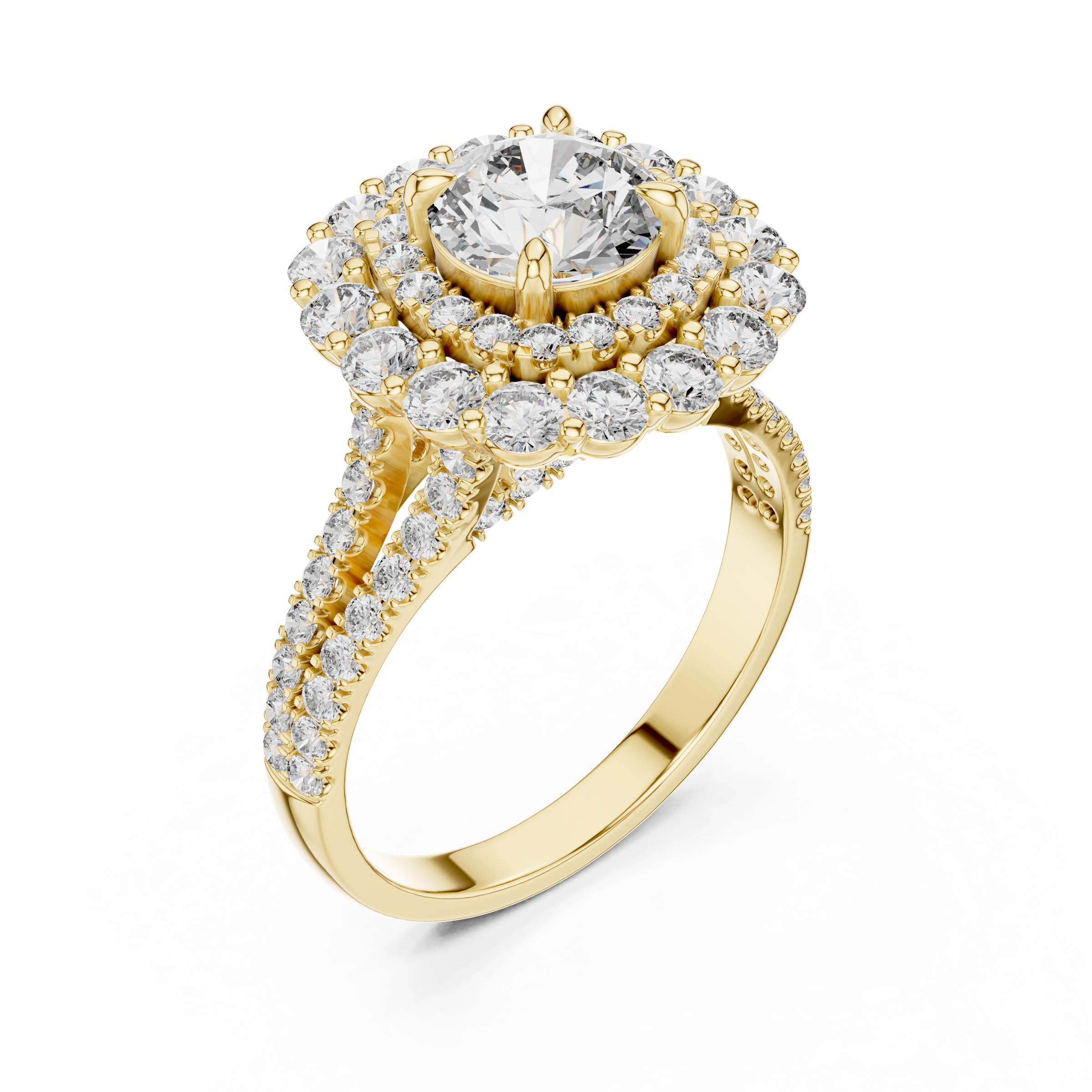 1–3 Carat Round Cut Lab-Grown Diamond Solitaire Engagement Ring with Double Halo & Split Shank Pave Band in 18K Gold