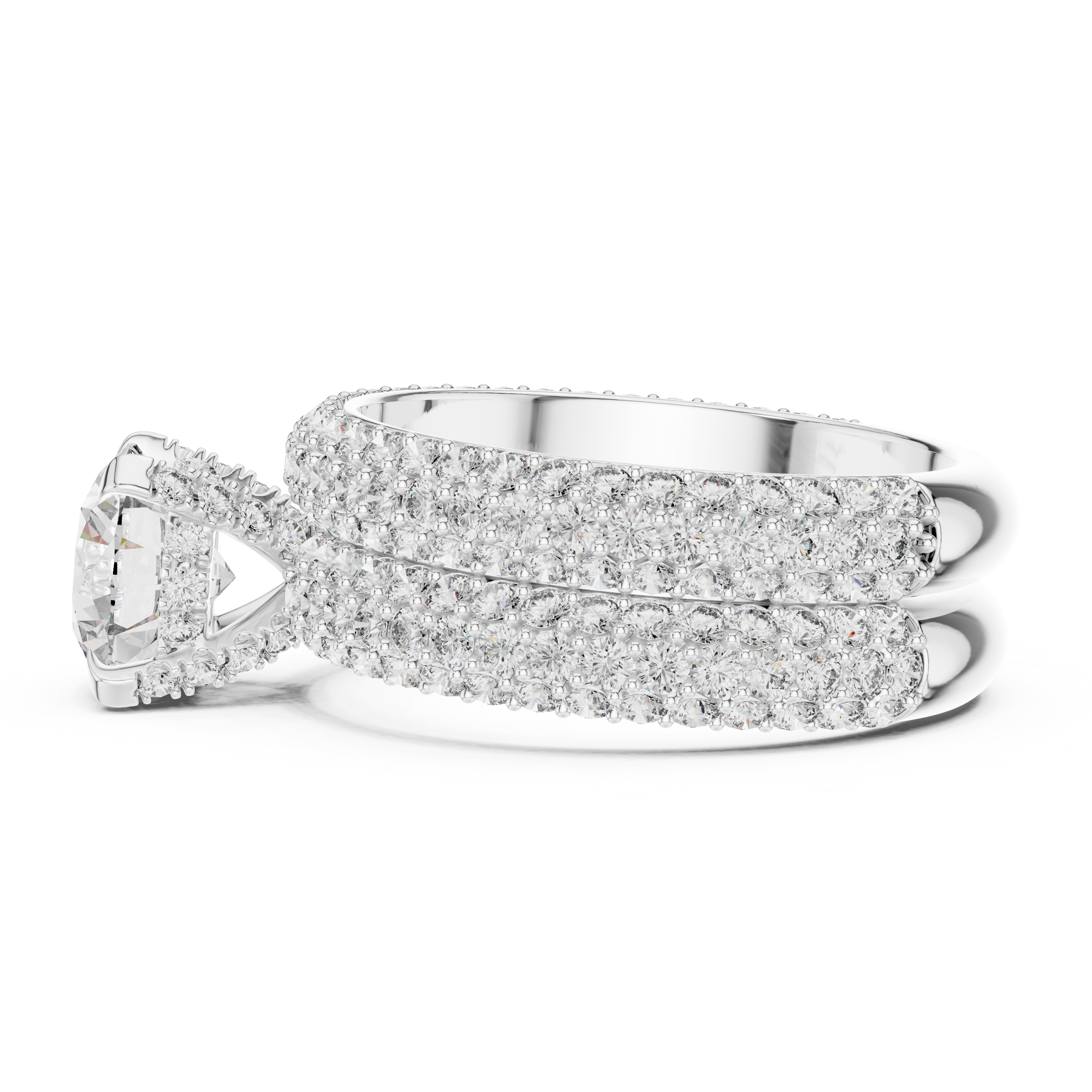 1–3 Carat Round Cut Lab-Grown Diamond Solitaire Engagement Ring with Triple Row Pave Setting & Triple Row Wedding Band in 18K Gold