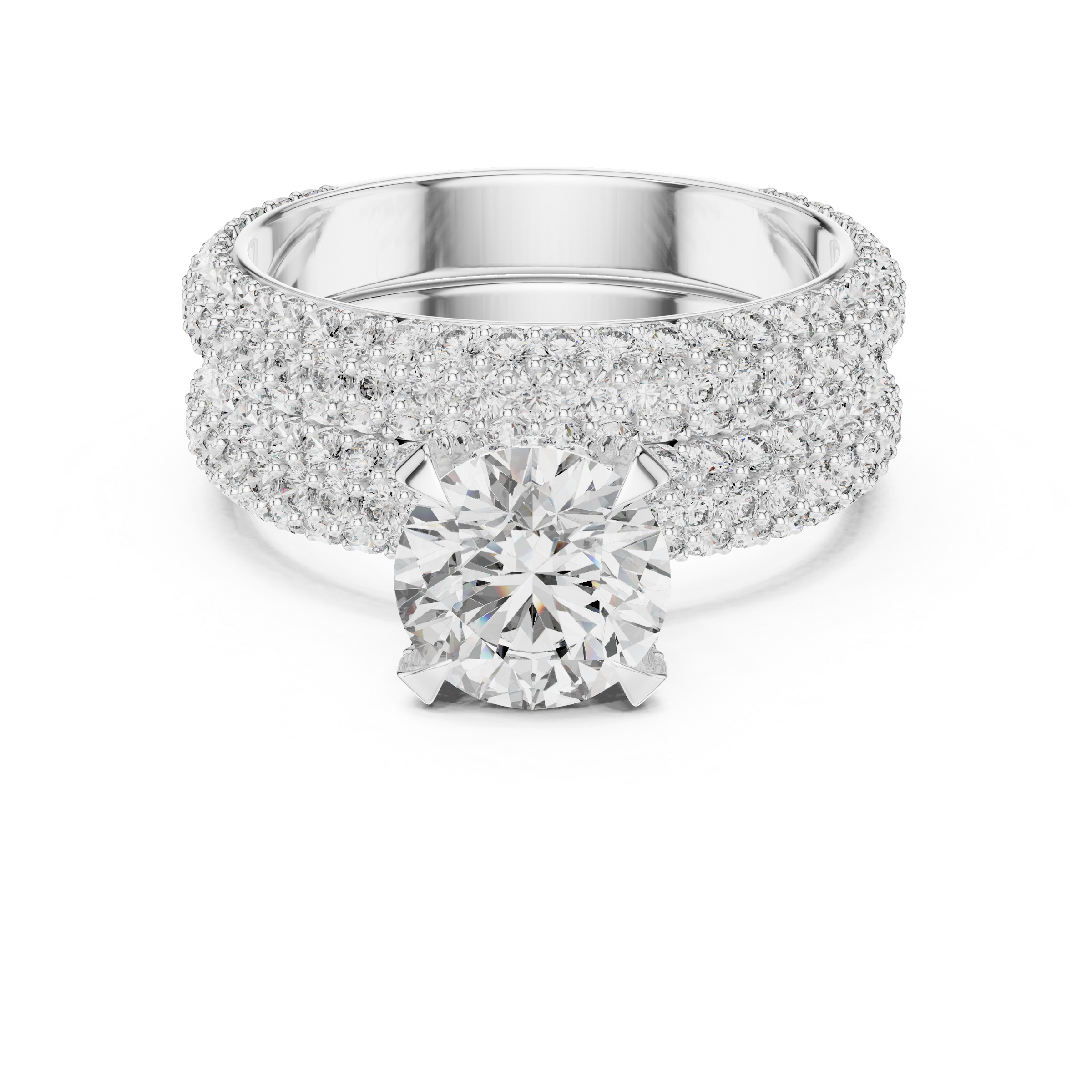1–3 Carat Round Cut Lab-Grown Diamond Solitaire Engagement Ring with Triple Row Pave Setting & Triple Row Wedding Band in 18K Gold