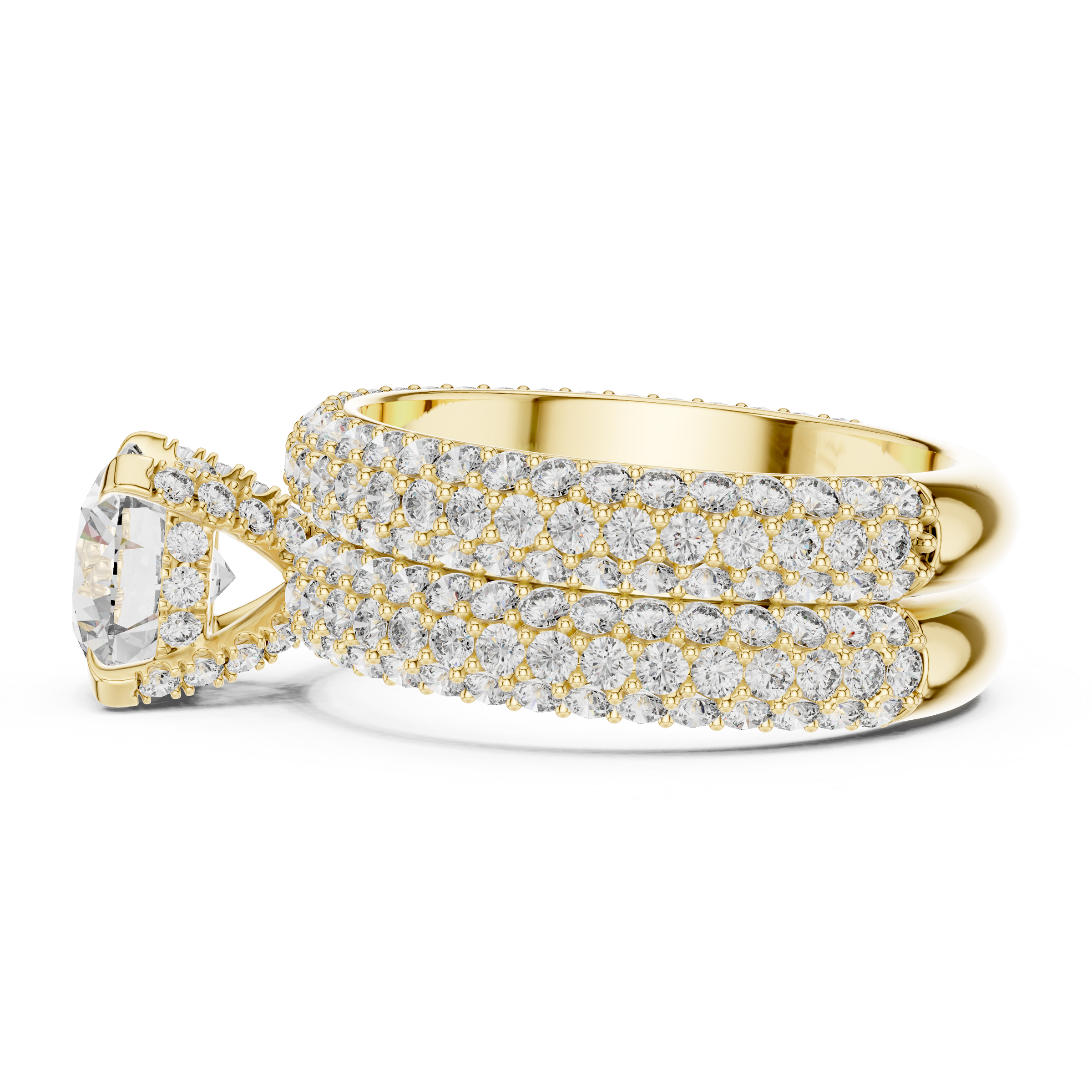 1–3 Carat Round Cut Lab-Grown Diamond Solitaire Engagement Ring with Triple Row Pave Setting & Triple Row Wedding Band in 18K Gold