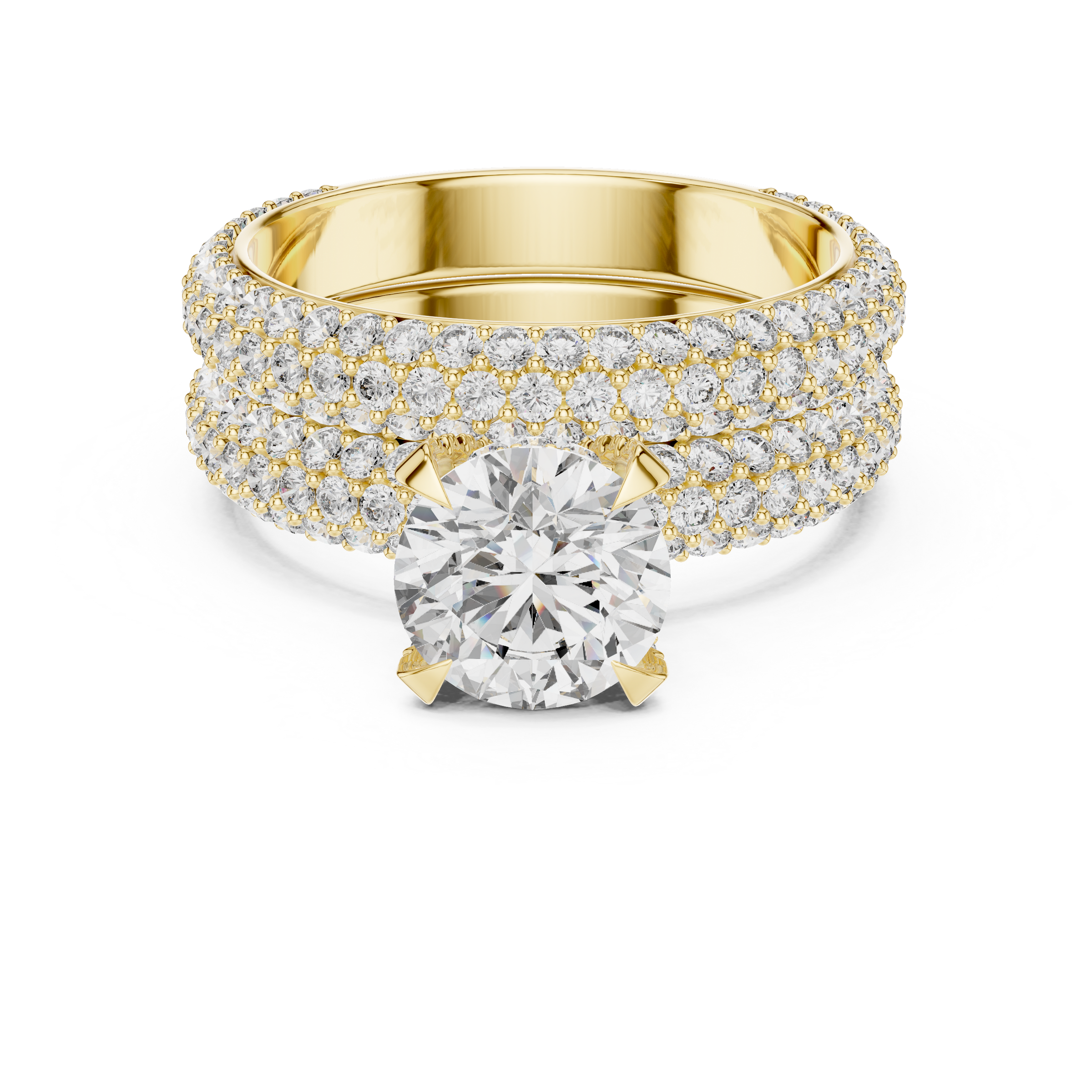 1–3 Carat Round Cut Lab-Grown Diamond Solitaire Engagement Ring with Triple Row Pave Setting & Triple Row Wedding Band in 18K Gold
