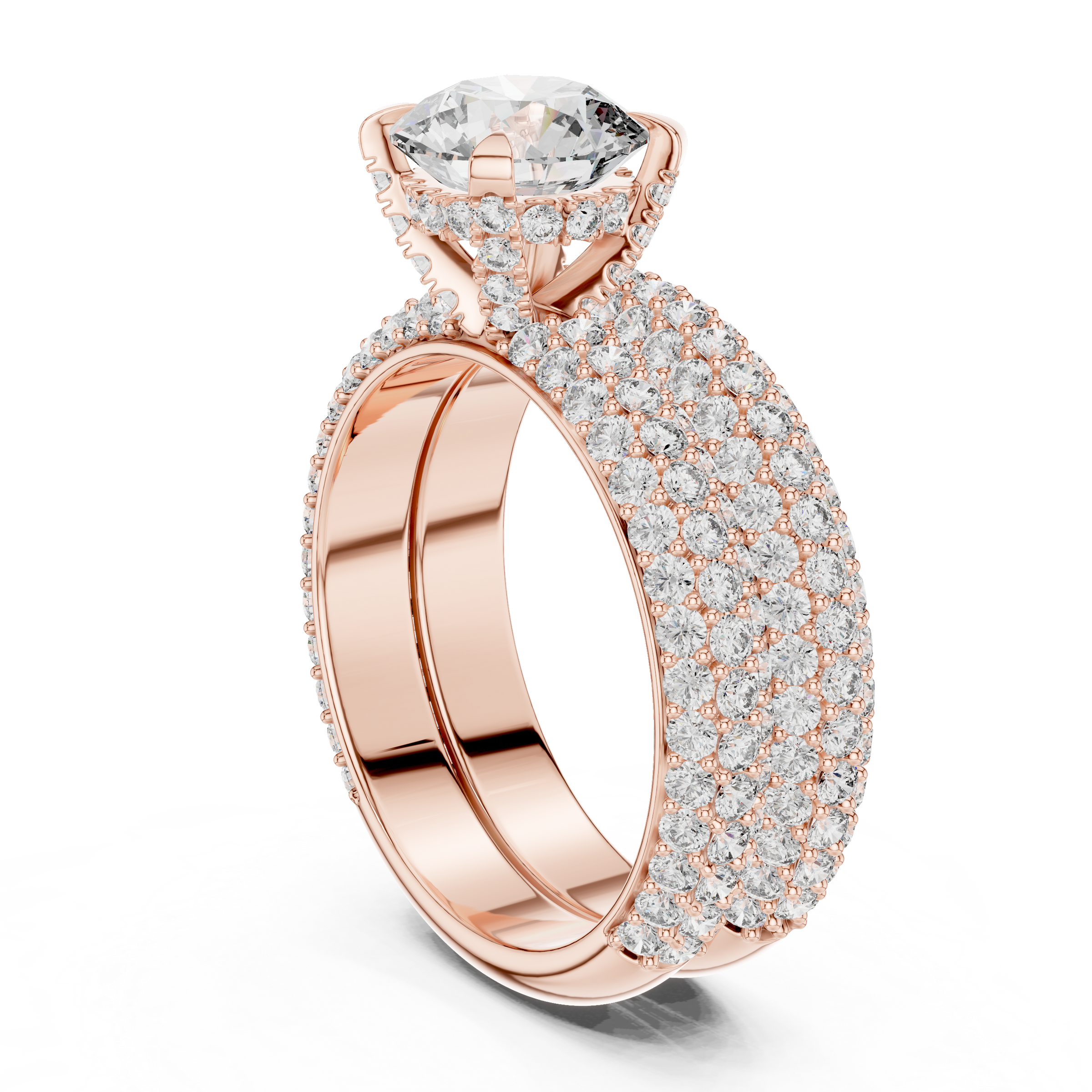 1–3 Carat Round Cut Lab-Grown Diamond Solitaire Engagement Ring with Triple Row Pave Setting & Triple Row Wedding Band in 18K Gold