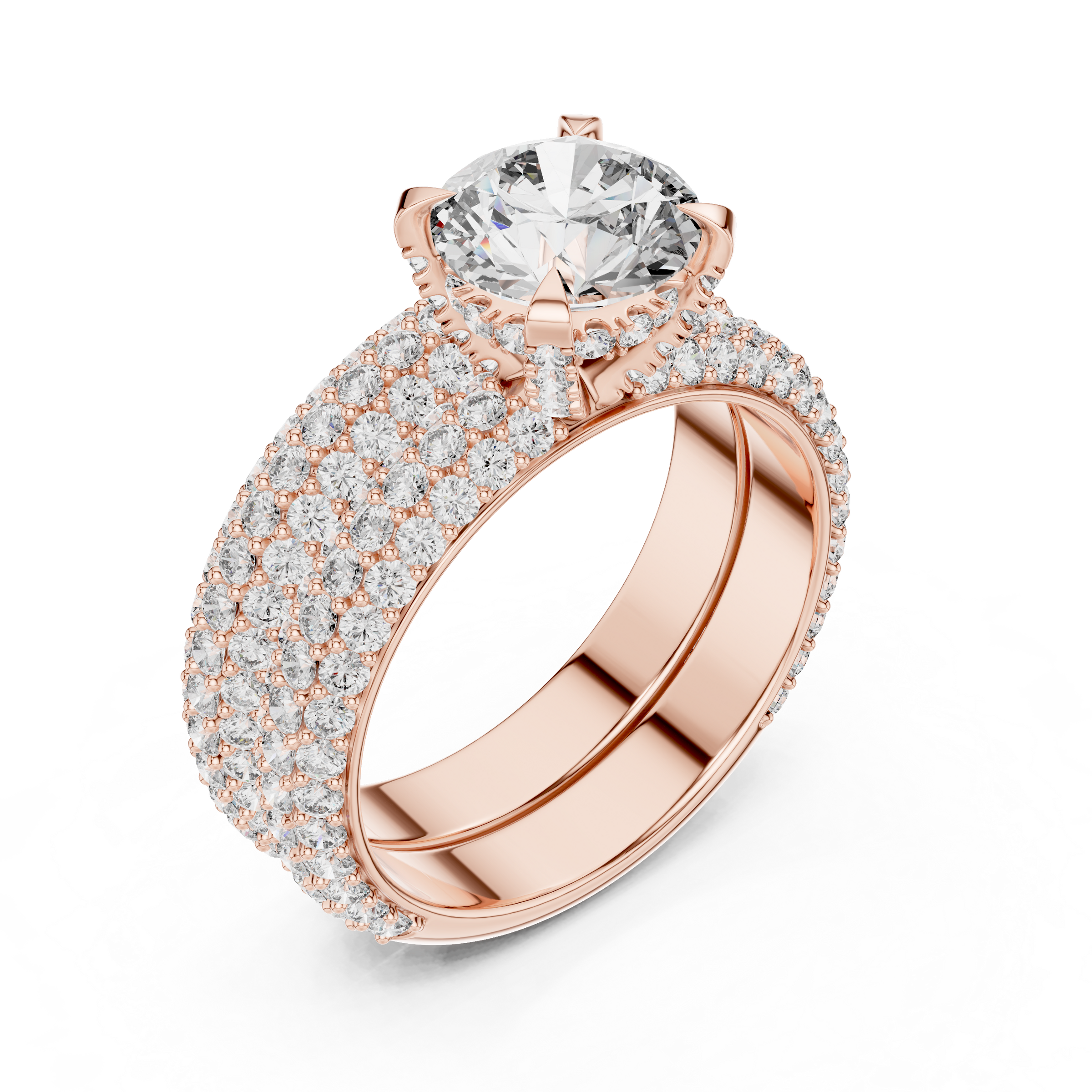 1–3 Carat Round Cut Lab-Grown Diamond Solitaire Engagement Ring with Triple Row Pave Setting & Triple Row Wedding Band in 18K Gold