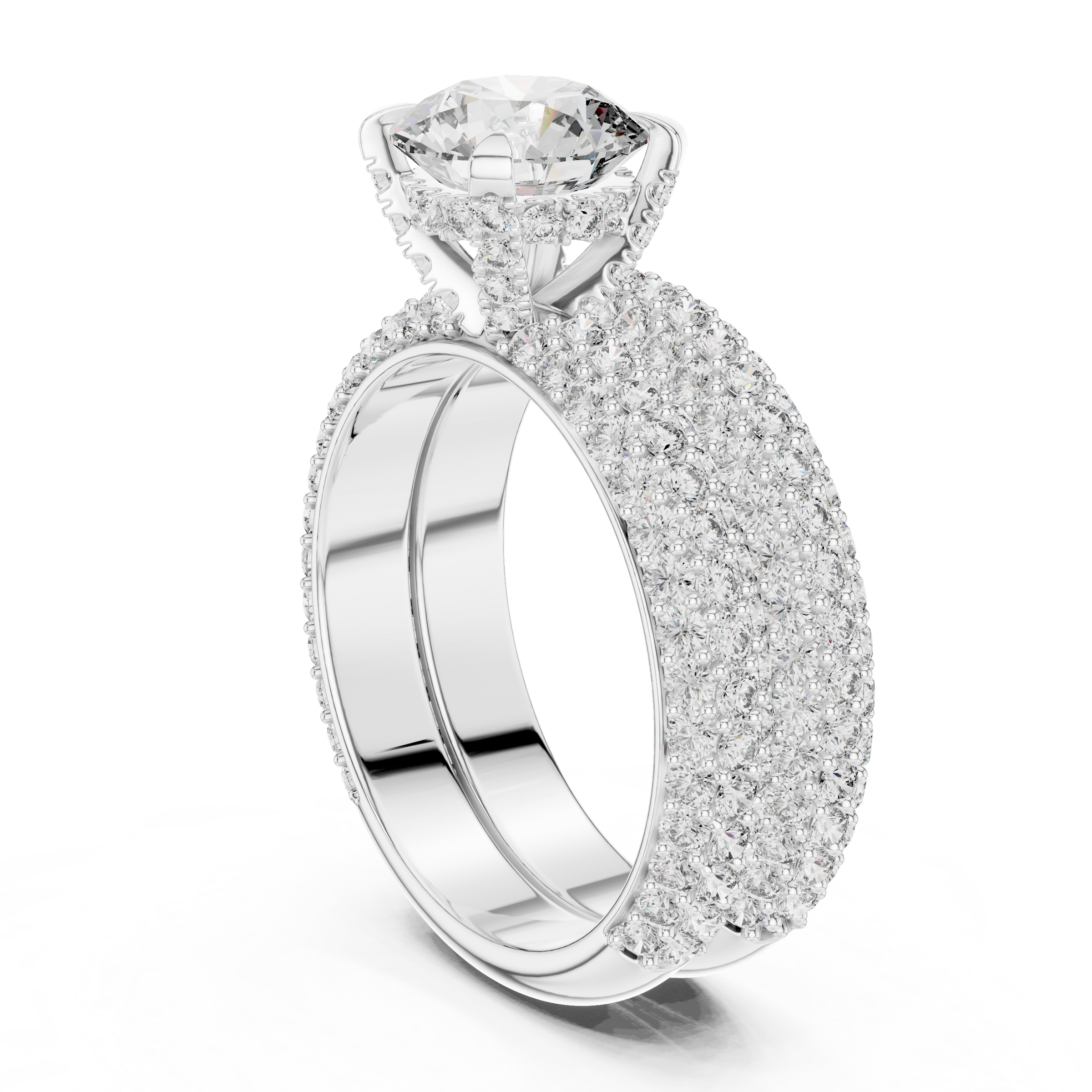 1–3 Carat Round Cut Lab-Grown Diamond Solitaire Engagement Ring with Triple Row Pave Setting & Triple Row Wedding Band in 18K Gold