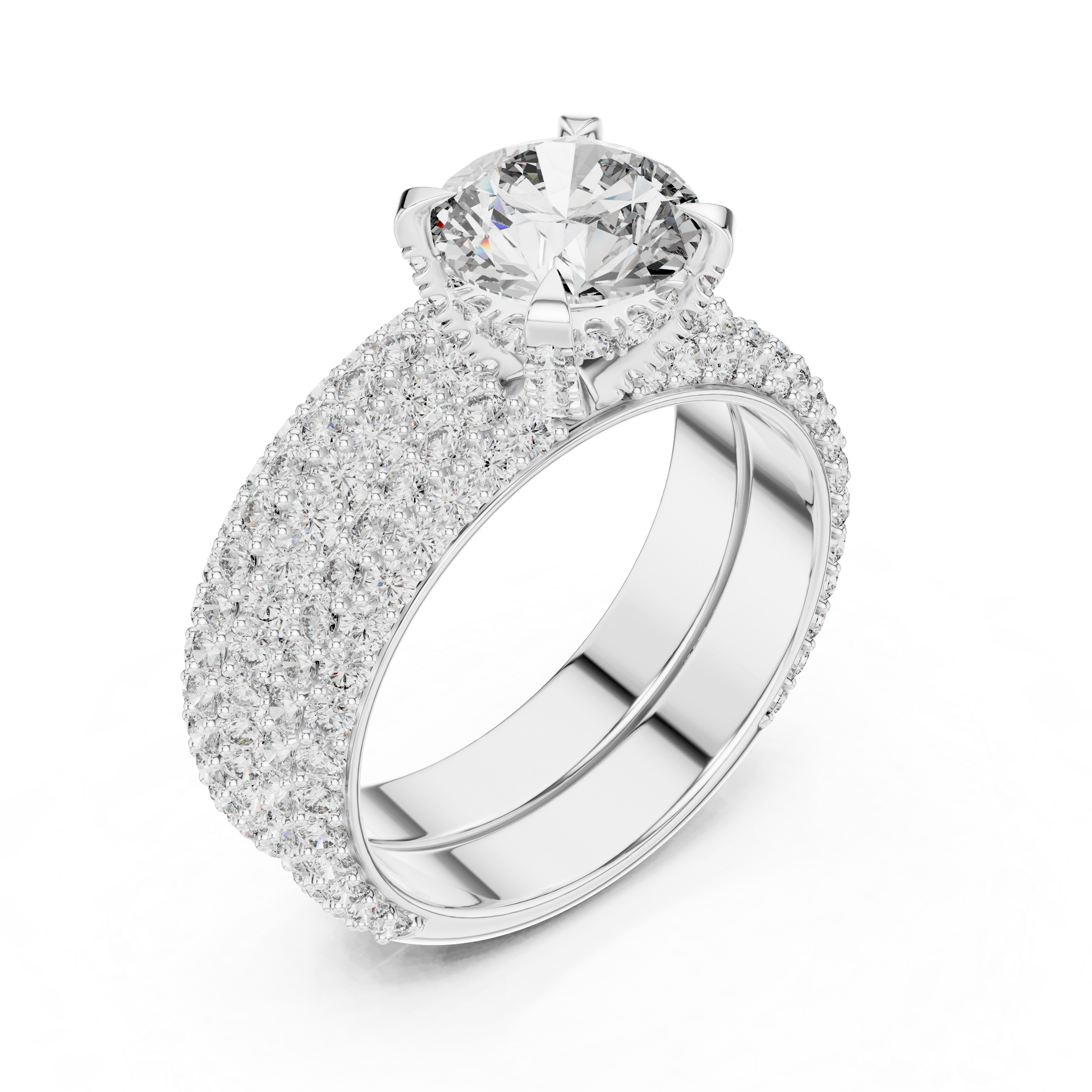 1–3 Carat Round Cut Lab-Grown Diamond Solitaire Engagement Ring with Triple Row Pave Setting & Triple Row Wedding Band in 18K Gold