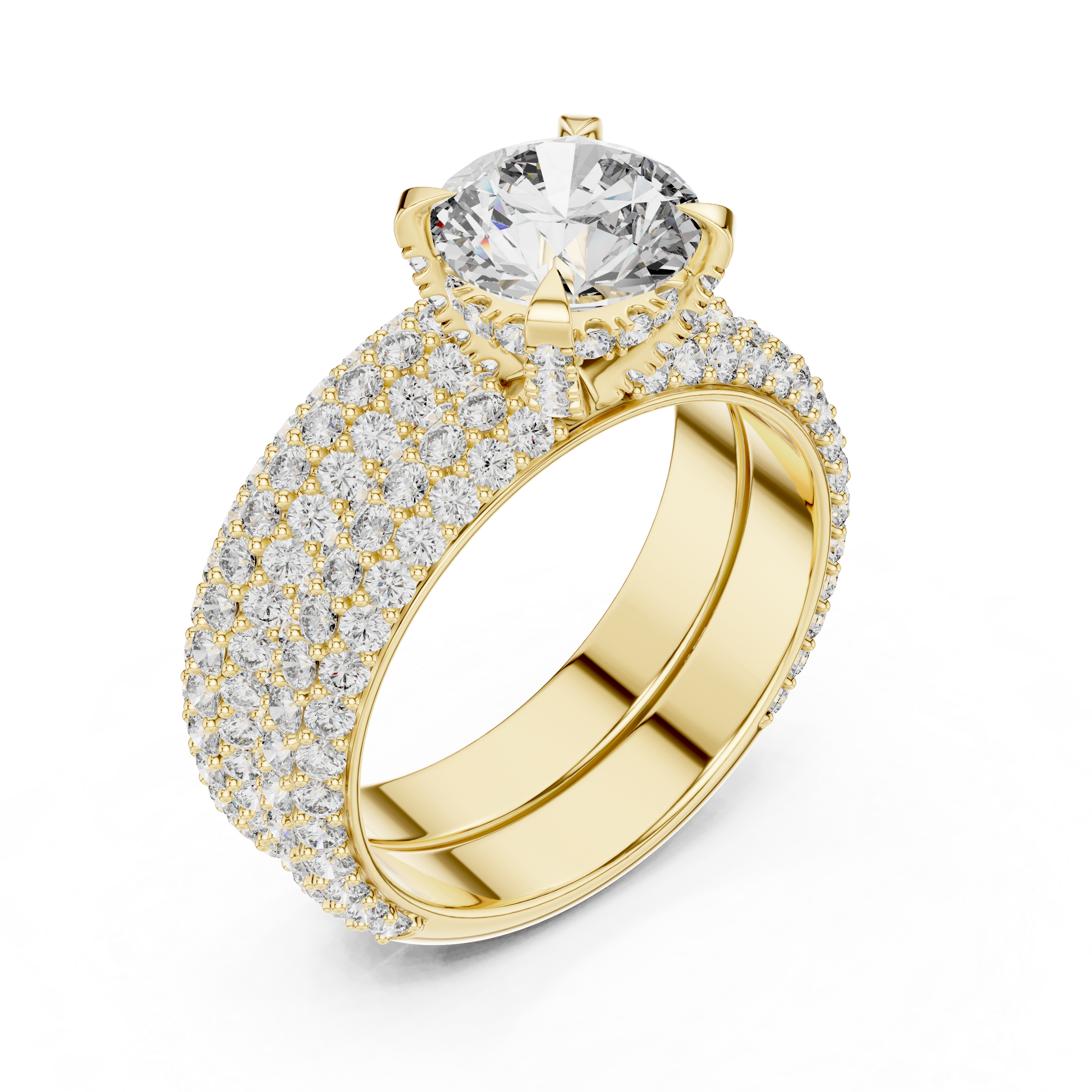 1–3 Carat Round Cut Lab-Grown Diamond Solitaire Engagement Ring with Triple Row Pave Setting & Triple Row Wedding Band in 18K Gold