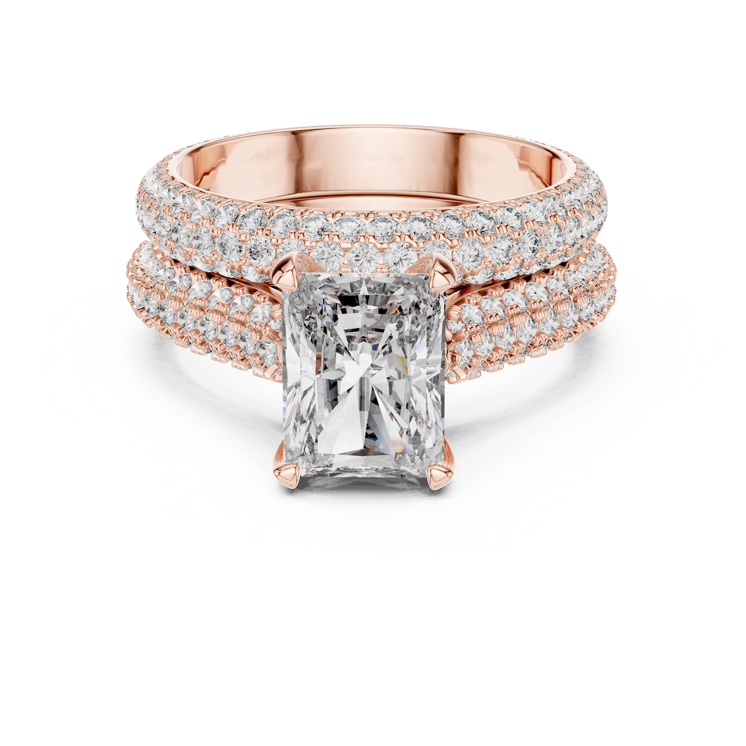 1–3 Carat Radiant Cut Lab-Grown Diamond Solitaire Engagement Ring with Hidden Halo, Triple Row Pave Setting & Triple Row Wedding Band in 18K Gold
