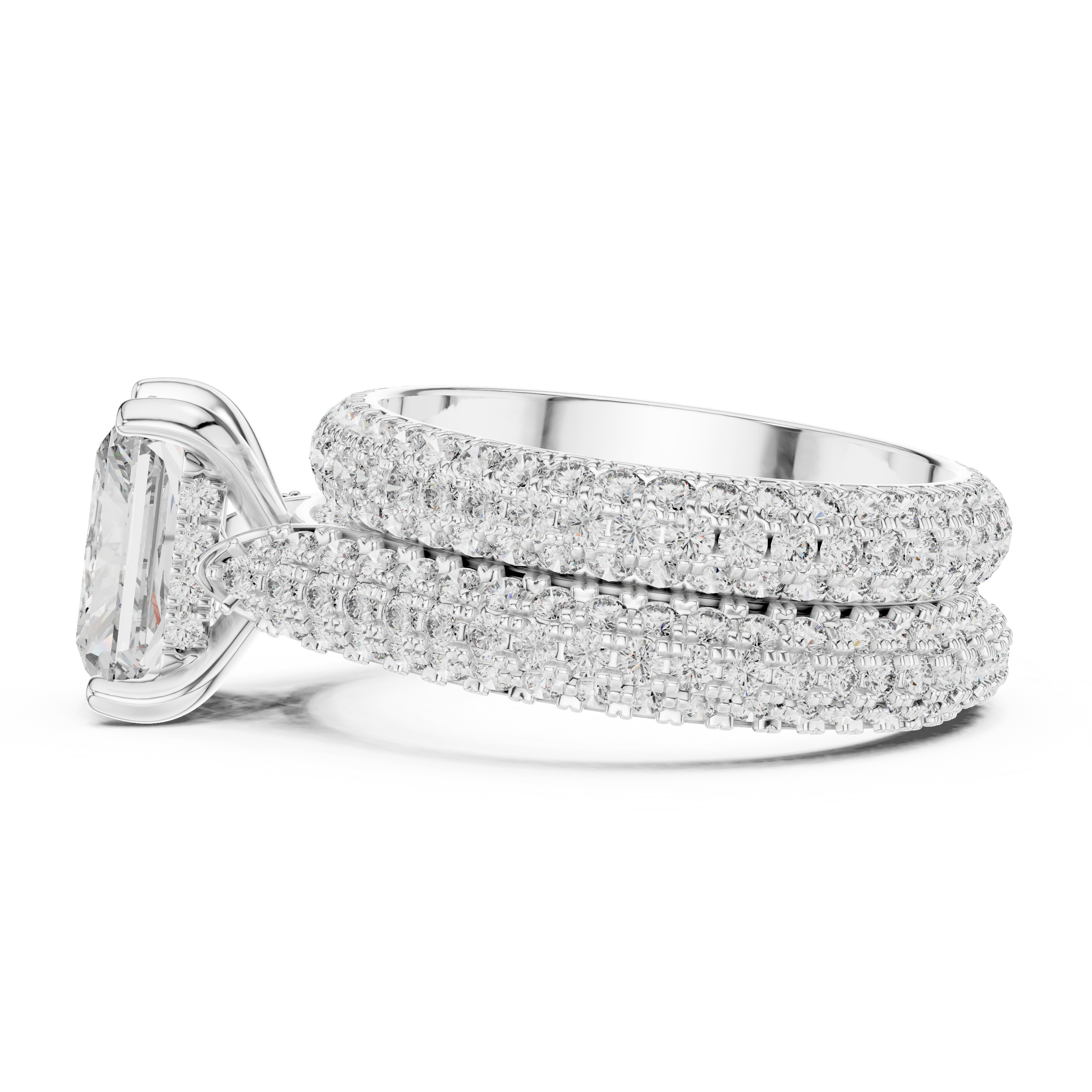 1–3 Carat Radiant Cut Lab-Grown Diamond Solitaire Engagement Ring with Hidden Halo, Triple Row Pave Setting & Triple Row Wedding Band in 18K Gold