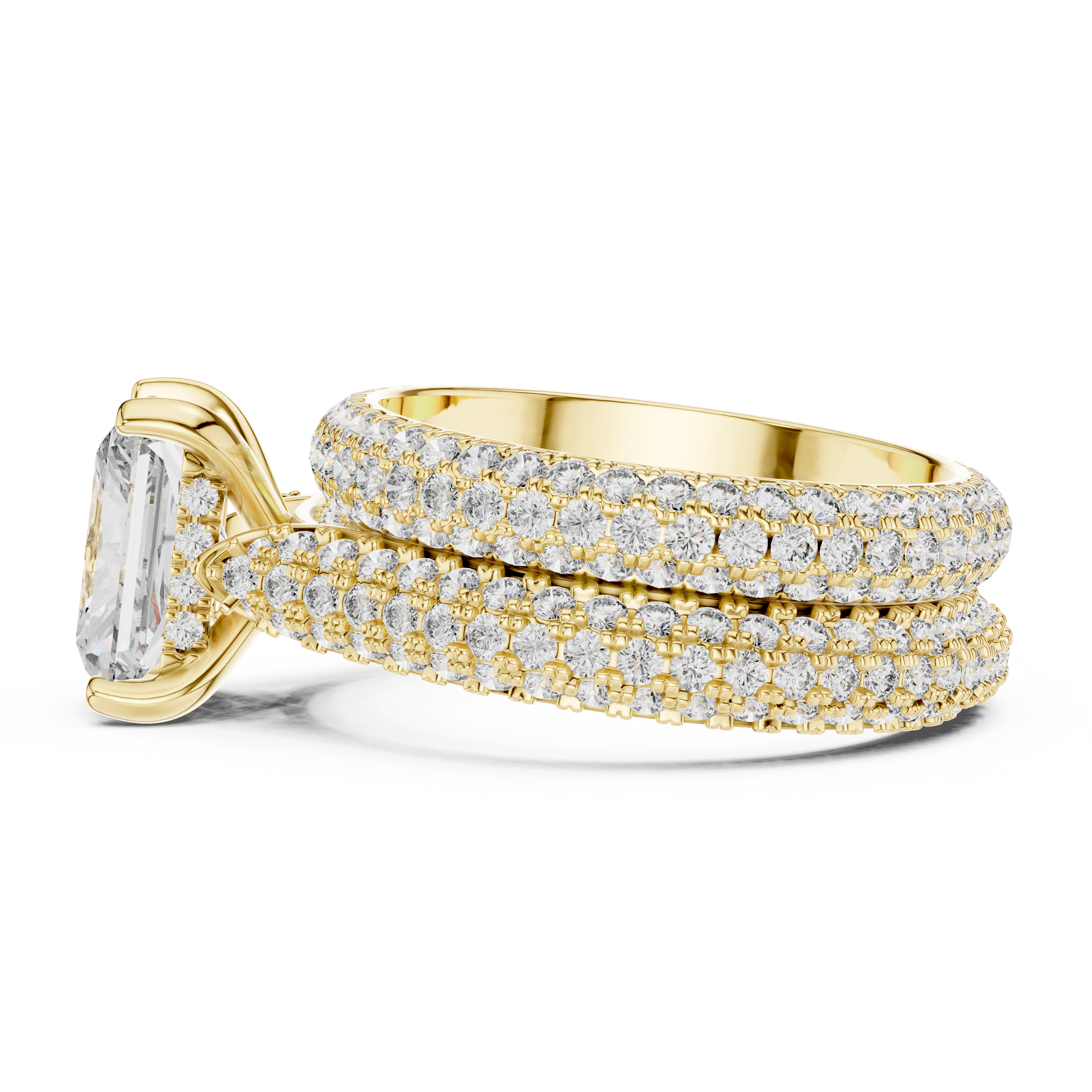 1–3 Carat Radiant Cut Lab-Grown Diamond Solitaire Engagement Ring with Hidden Halo, Triple Row Pave Setting & Triple Row Wedding Band in 18K Gold