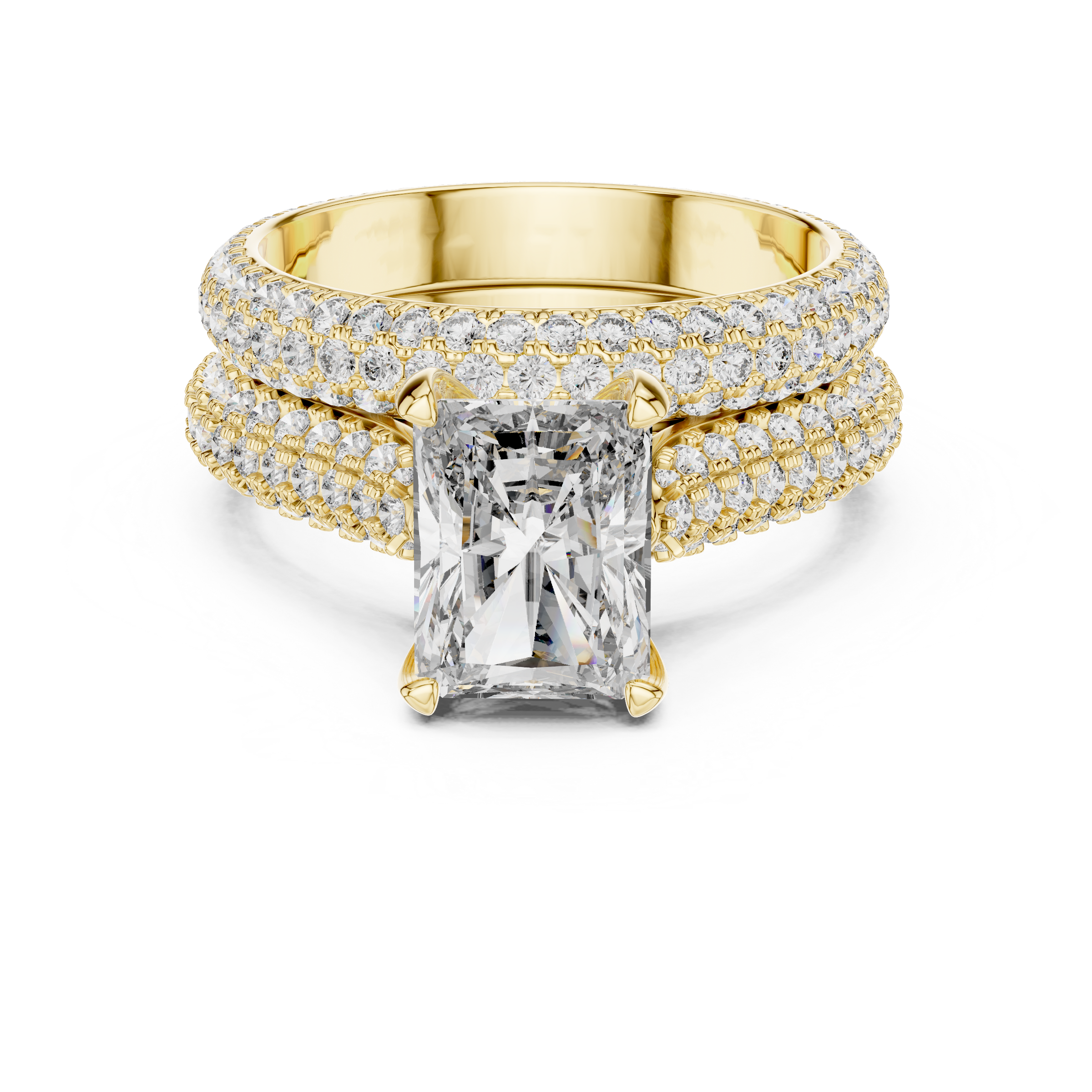 1–3 Carat Radiant Cut Lab-Grown Diamond Solitaire Engagement Ring with Hidden Halo, Triple Row Pave Setting & Triple Row Wedding Band in 18K Gold
