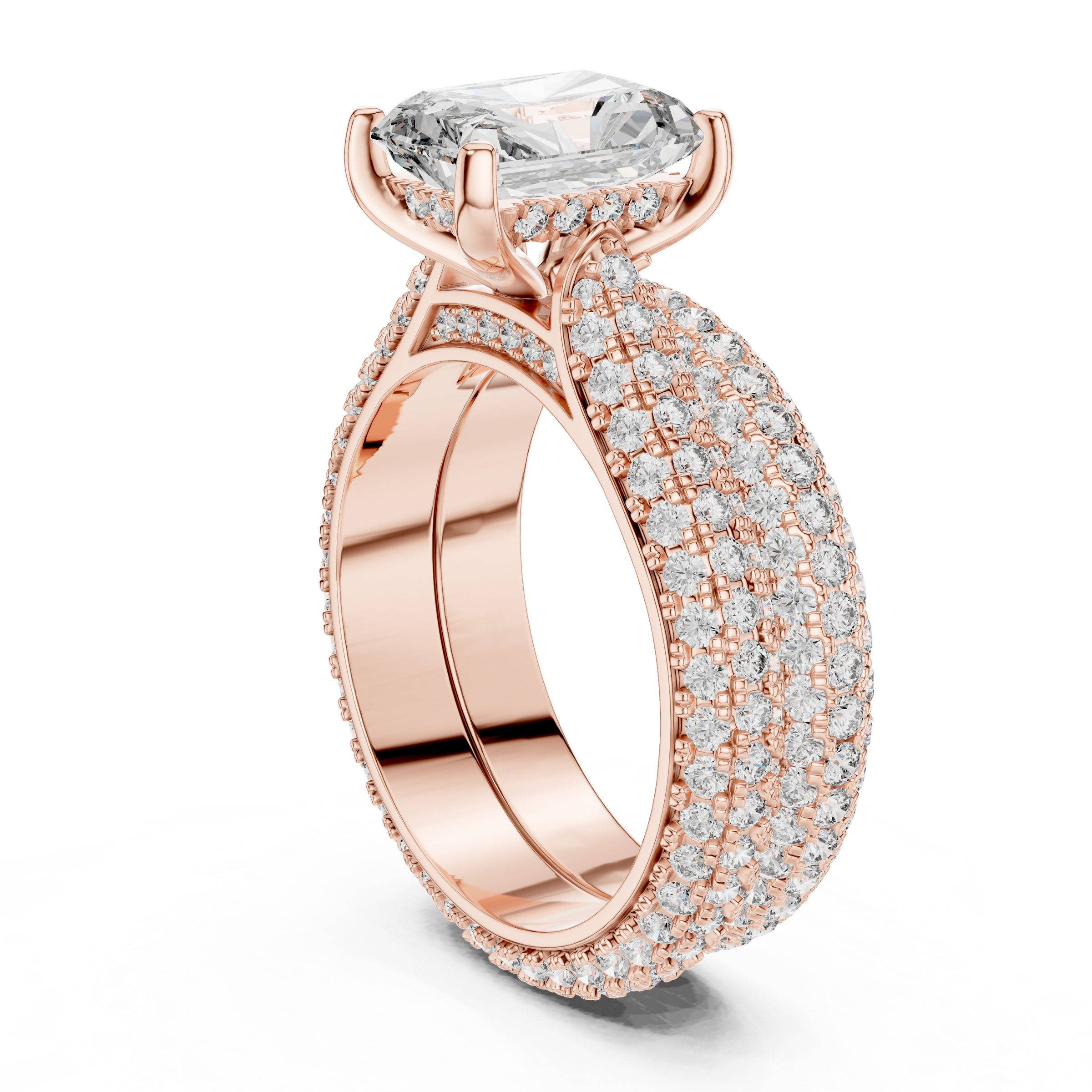 1–3 Carat Radiant Cut Lab-Grown Diamond Solitaire Engagement Ring with Hidden Halo, Triple Row Pave Setting & Triple Row Wedding Band in 18K Gold