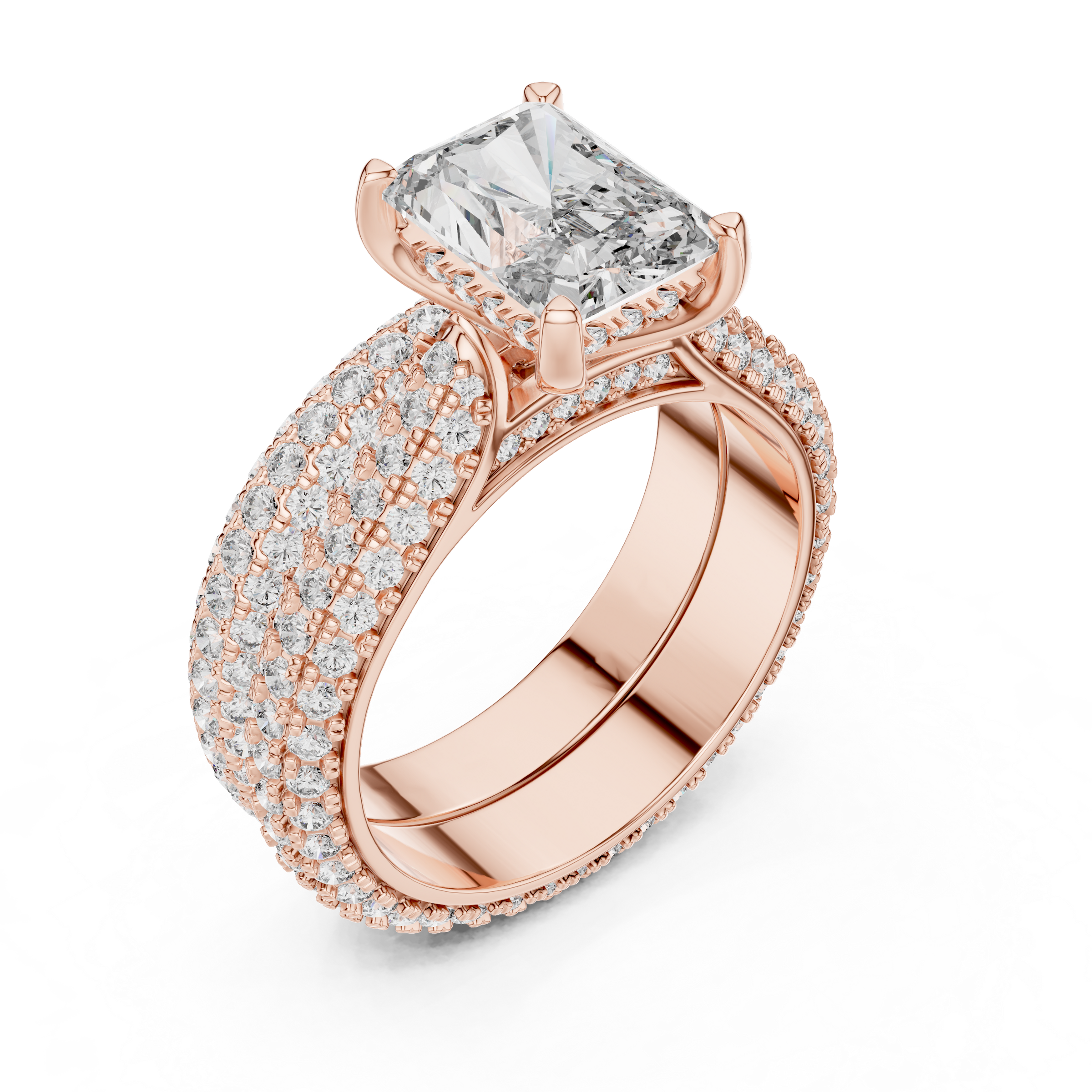 1–3 Carat Radiant Cut Lab-Grown Diamond Solitaire Engagement Ring with Hidden Halo, Triple Row Pave Setting & Triple Row Wedding Band in 18K Gold