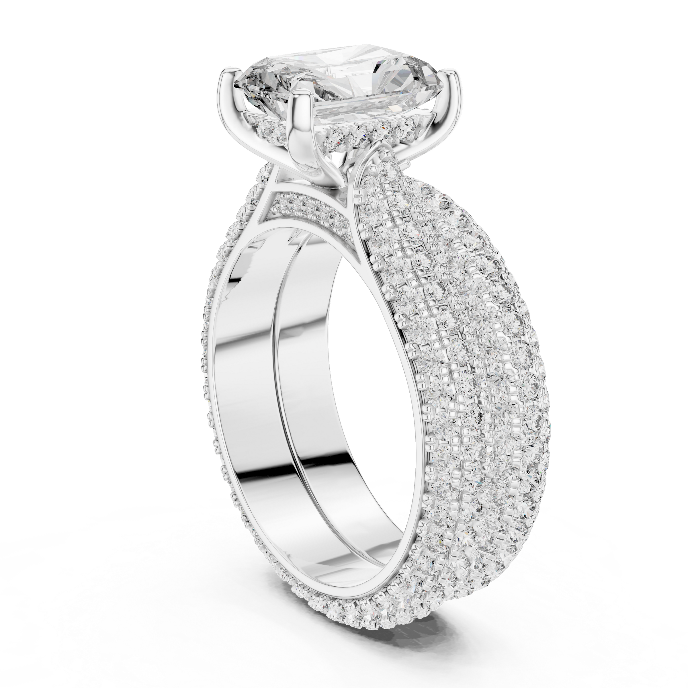 1–3 Carat Radiant Cut Lab-Grown Diamond Solitaire Engagement Ring with Hidden Halo, Triple Row Pave Setting & Triple Row Wedding Band in 18K Gold