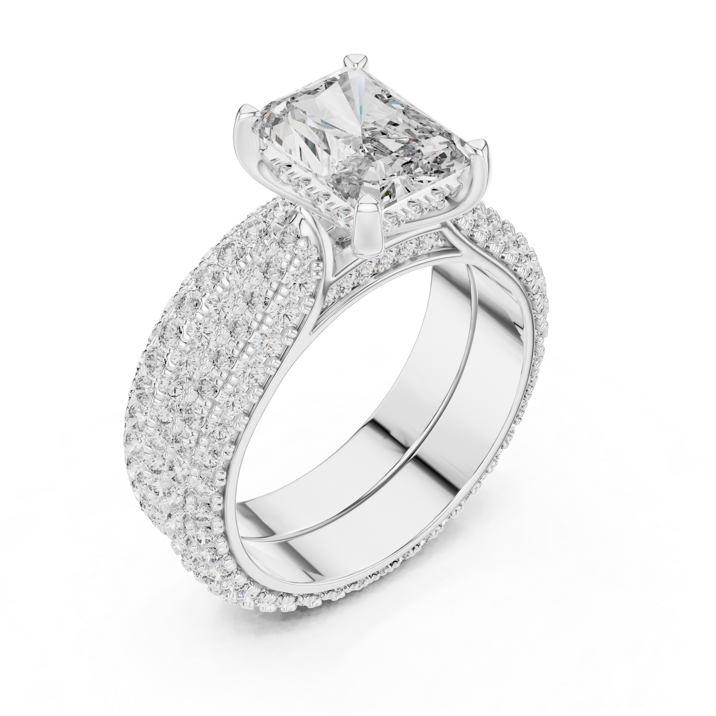 1–3 Carat Radiant Cut Lab-Grown Diamond Solitaire Engagement Ring with Hidden Halo, Triple Row Pave Setting & Triple Row Wedding Band in 18K Gold