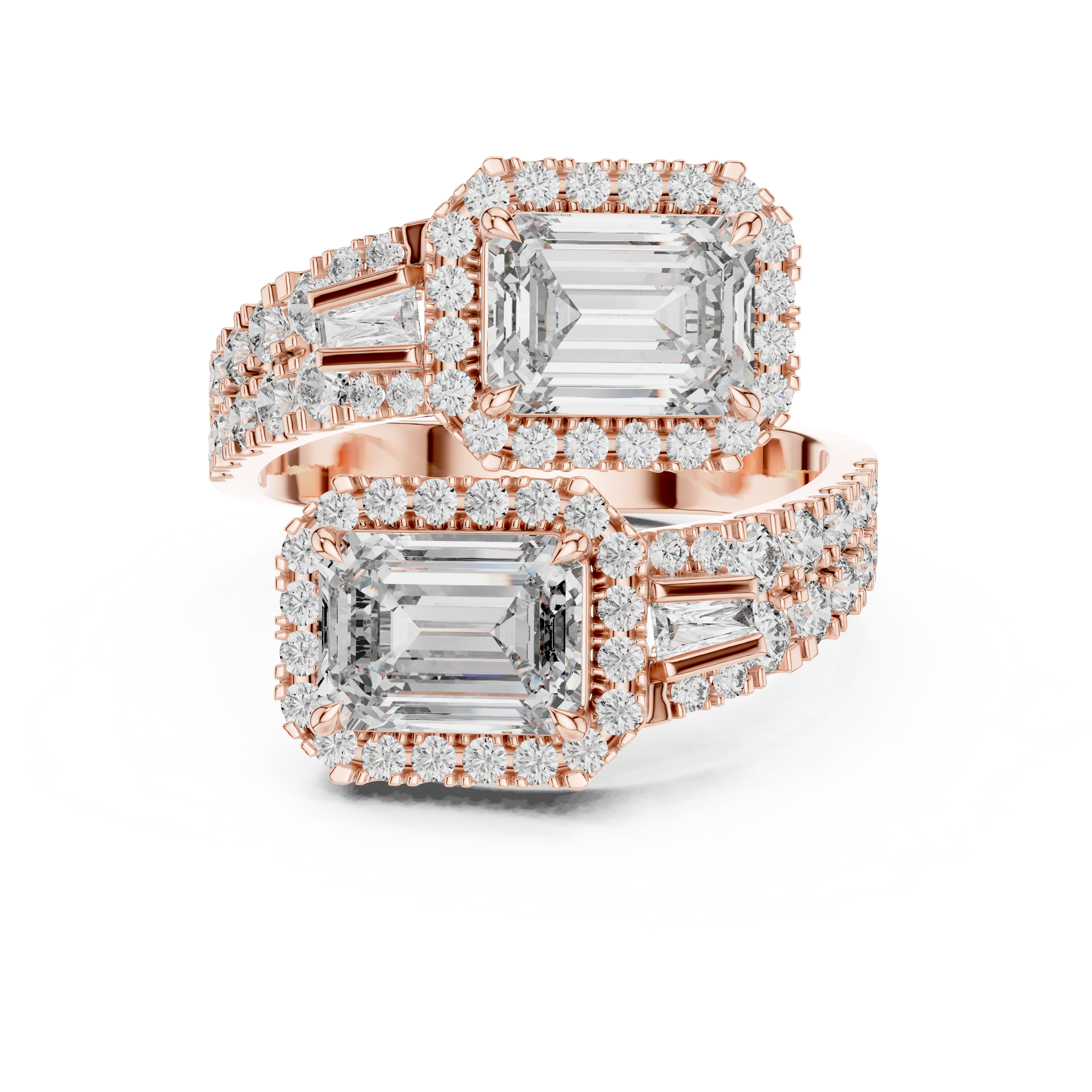 Toi et Moi Lab-Grown Diamond Engagement Ring with Emerald Solitaire (1.00ct Each)with Halo & Double Pave Band in 18K Gold