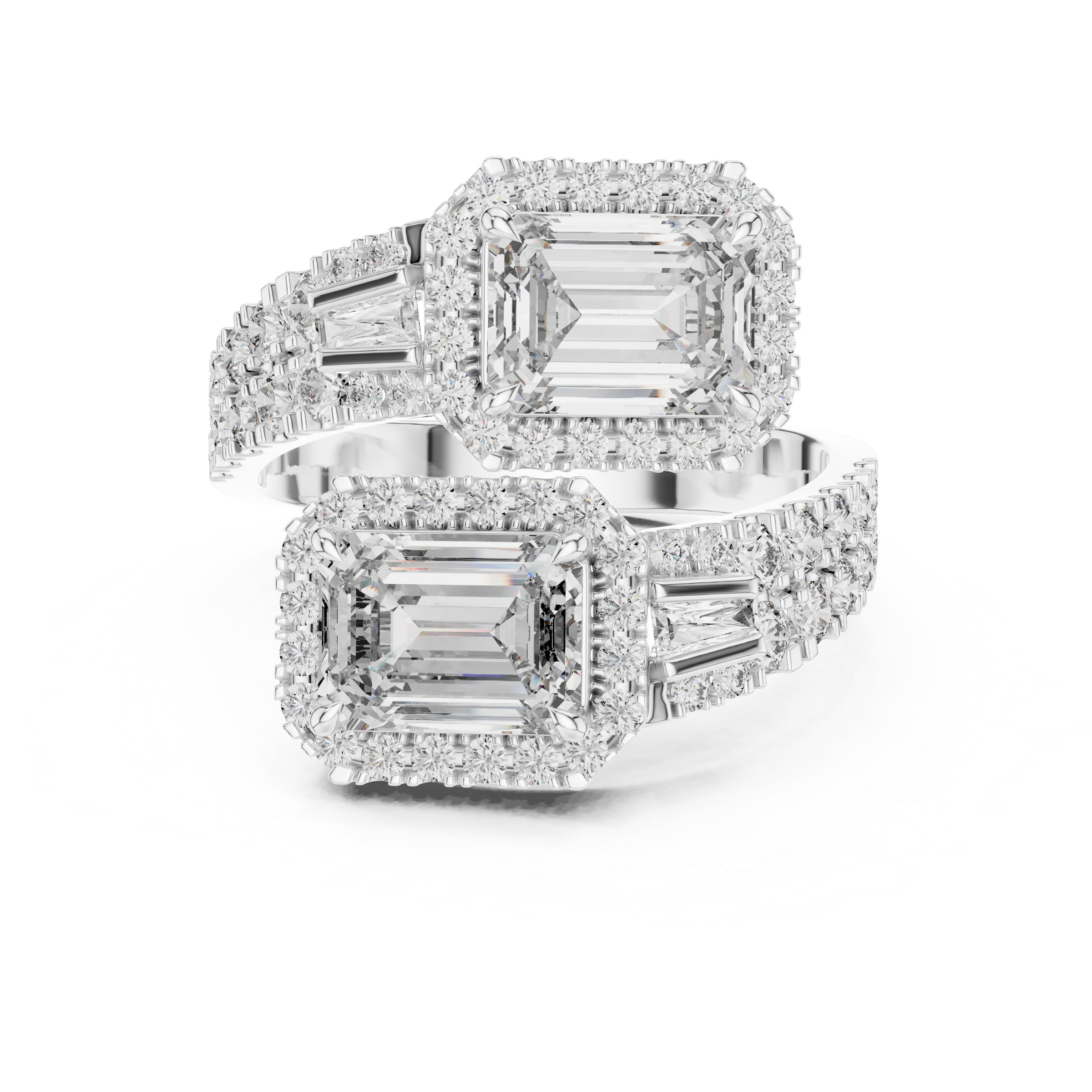 Toi et Moi Lab-Grown Diamond Engagement Ring with Emerald Solitaire (1.00ct Each)with Halo & Double Pave Band in 18K Gold