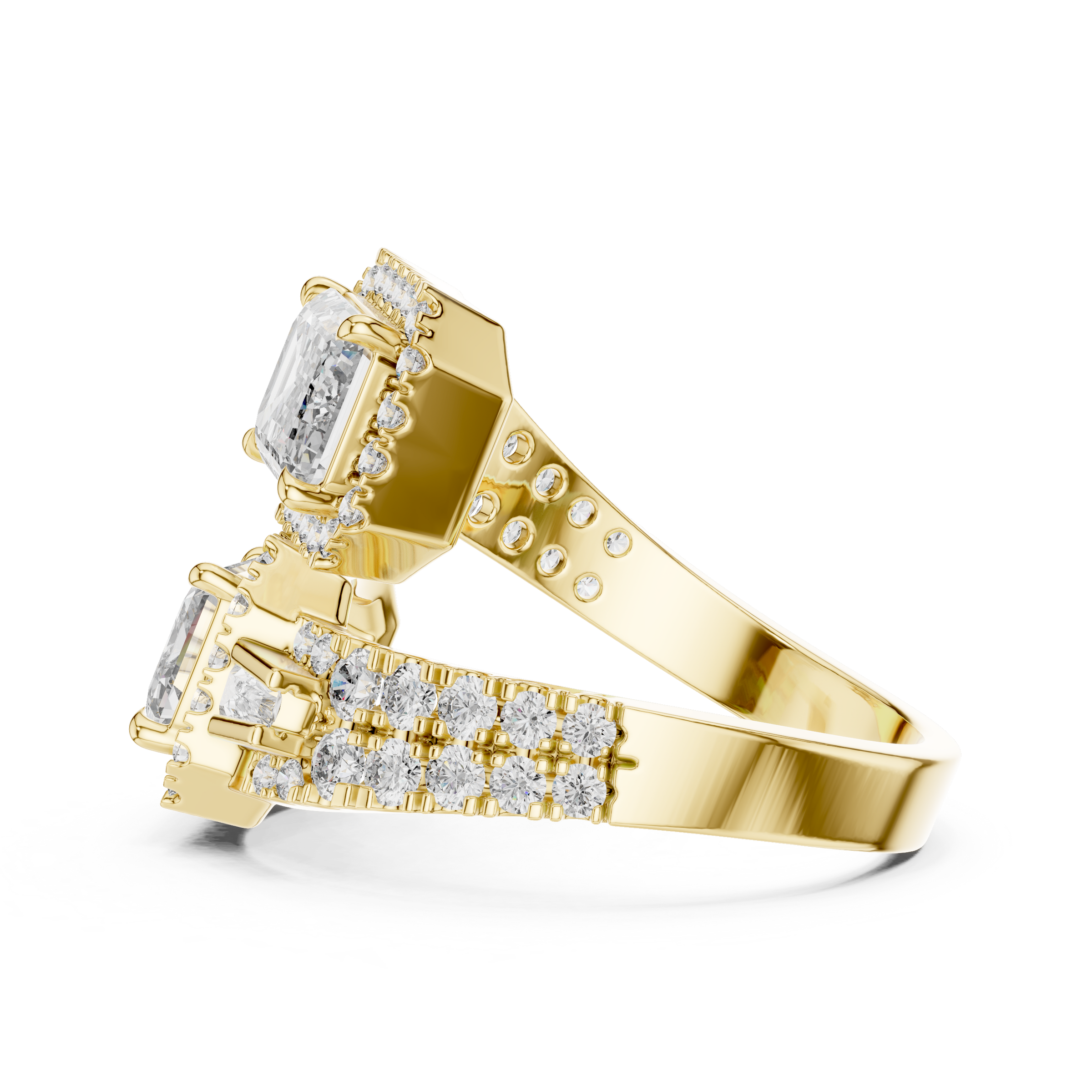 Toi et Moi Lab-Grown Diamond Engagement Ring with Emerald Solitaire (1.00ct Each)with Halo & Double Pave Band in 18K Gold