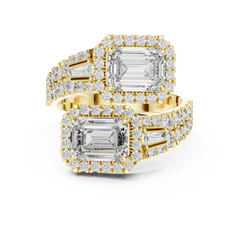Toi et Moi Lab-Grown Diamond Engagement Ring with Emerald Solitaire (1.00ct Each)with Halo & Double Pave Band in 18K Gold