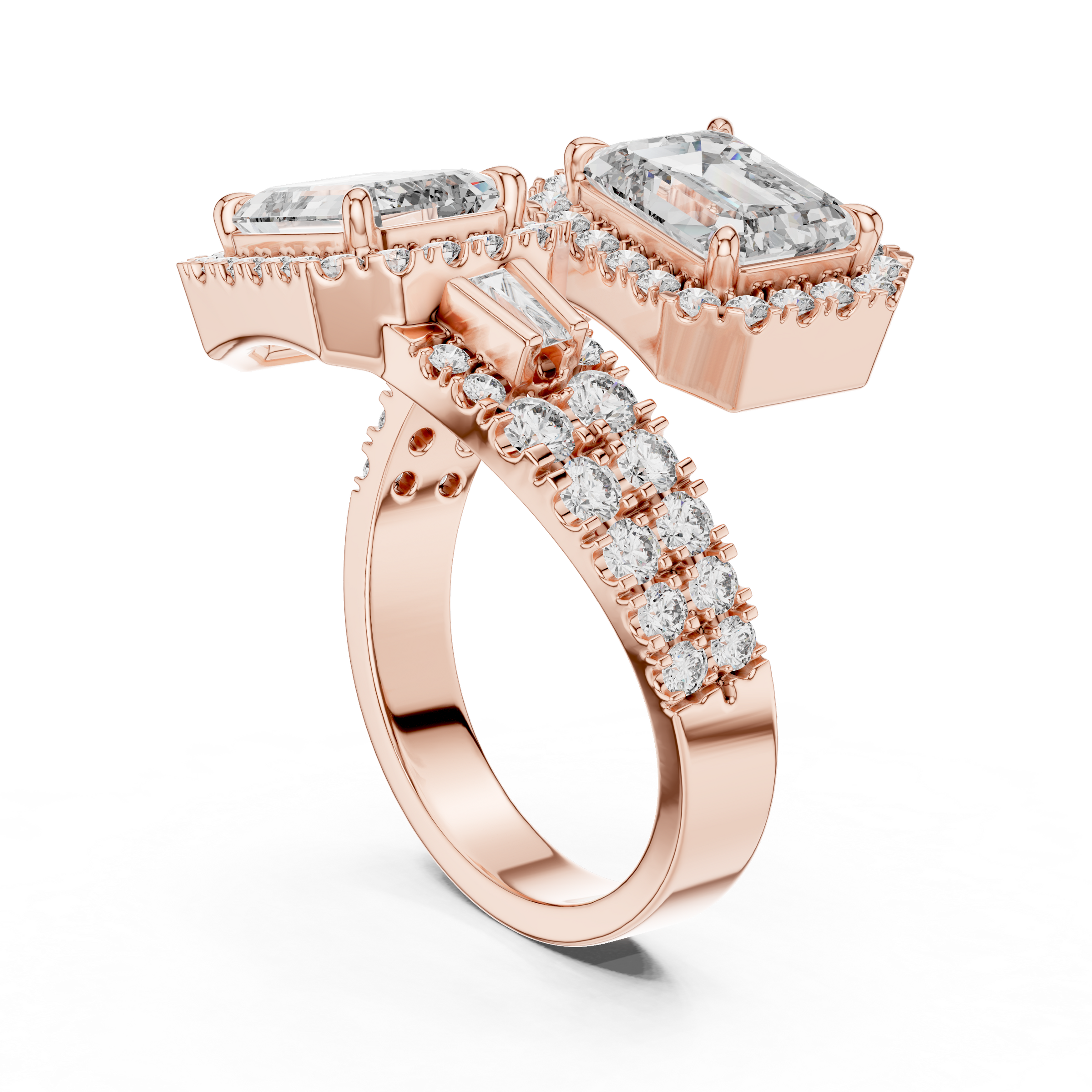 Toi et Moi Lab-Grown Diamond Engagement Ring with Emerald Solitaire (1.00ct Each)with Halo & Double Pave Band in 18K Gold