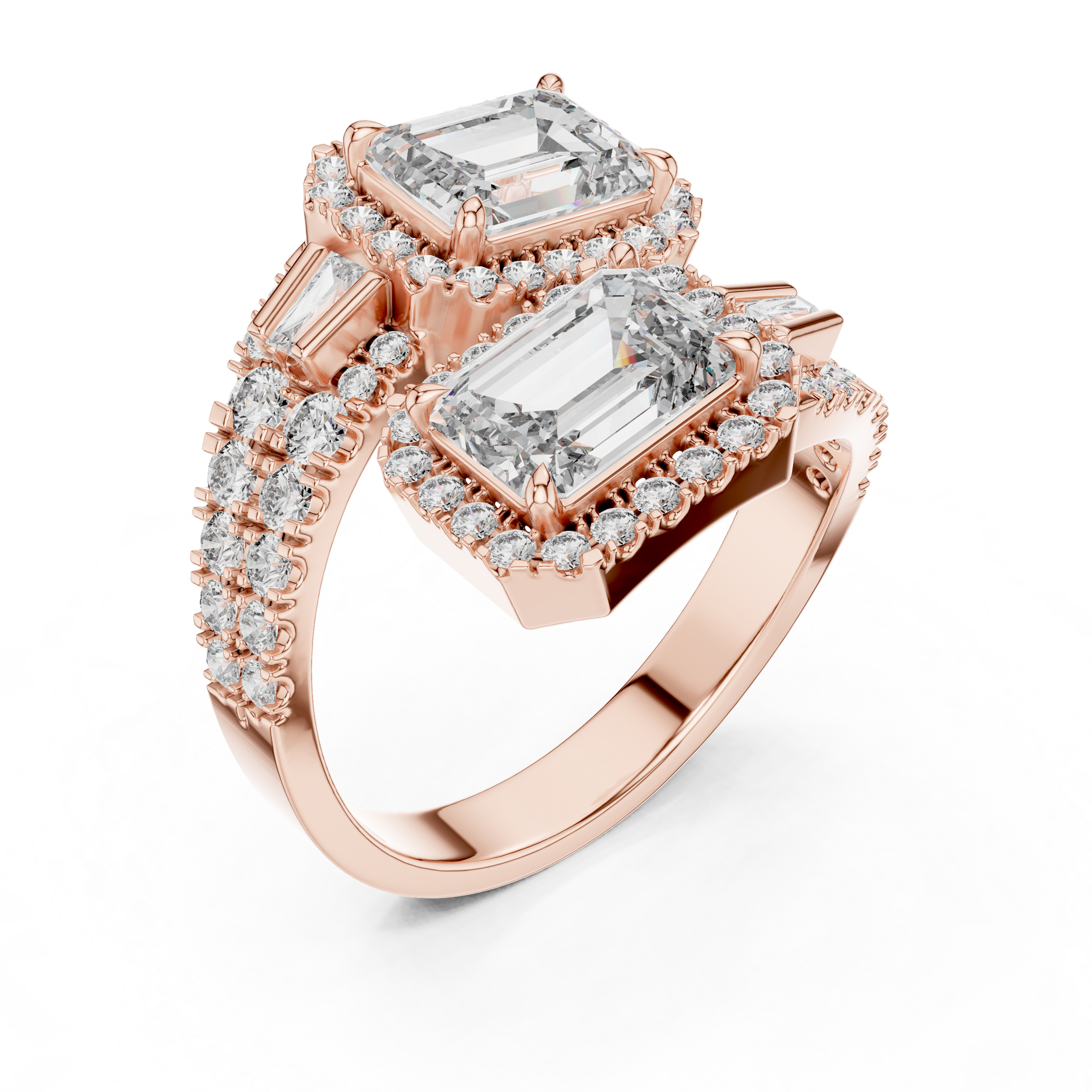 Toi et Moi Lab-Grown Diamond Engagement Ring with Emerald Solitaire (1.00ct Each)with Halo & Double Pave Band in 18K Gold