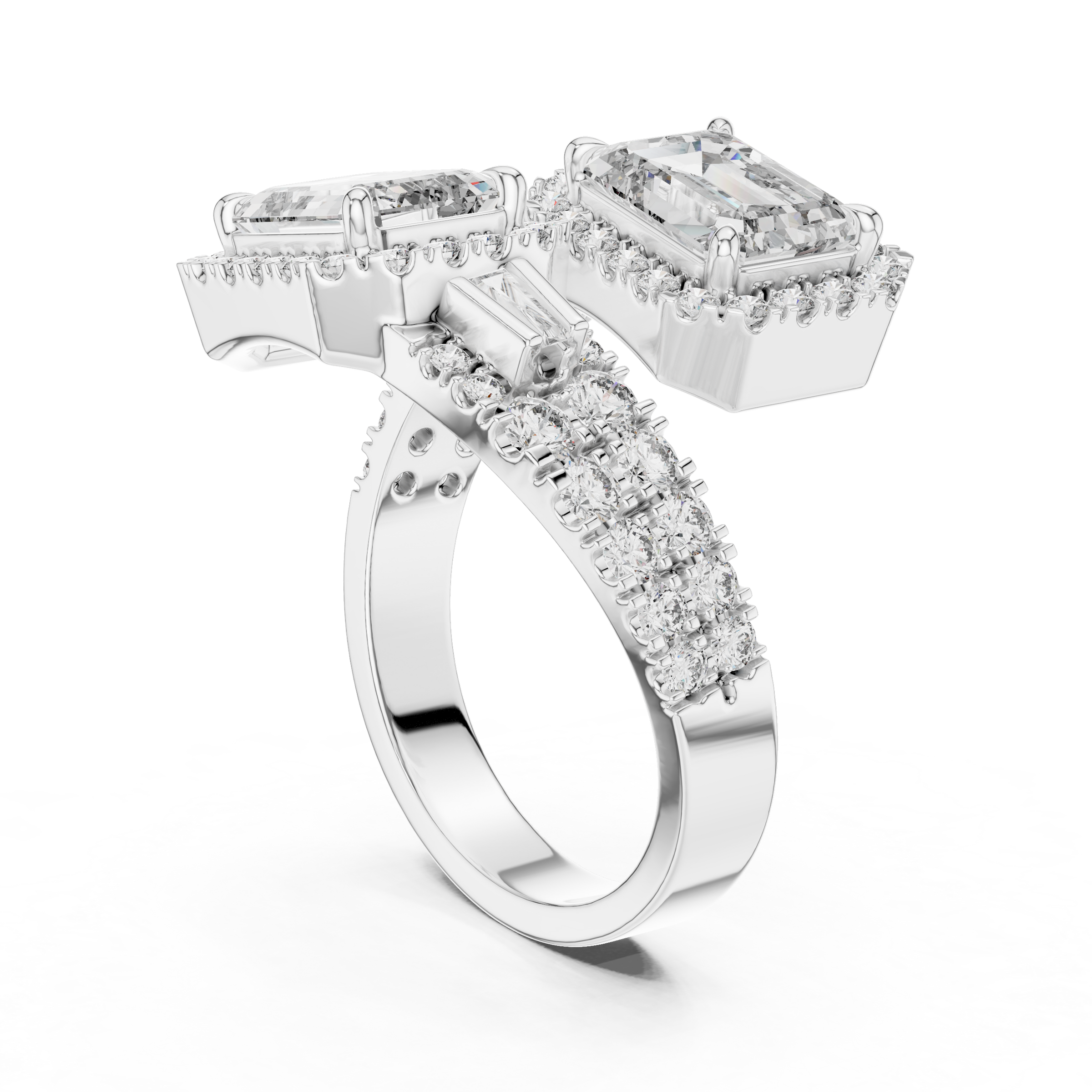 Toi et Moi Lab-Grown Diamond Engagement Ring with Emerald Solitaire (1.00ct Each)with Halo & Double Pave Band in 18K Gold