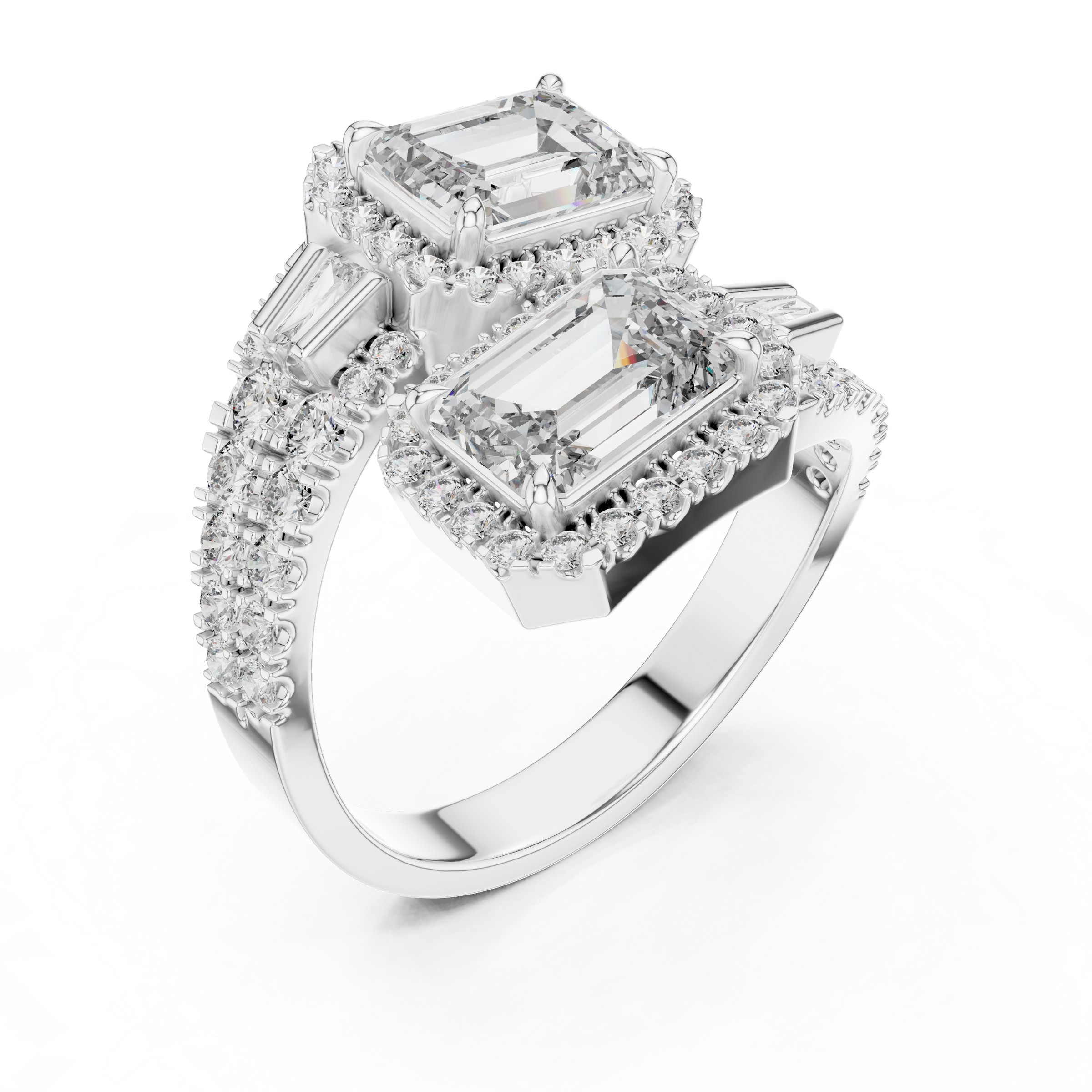 Toi et Moi Lab-Grown Diamond Engagement Ring with Emerald Solitaire (1.00ct Each)with Halo & Double Pave Band in 18K Gold