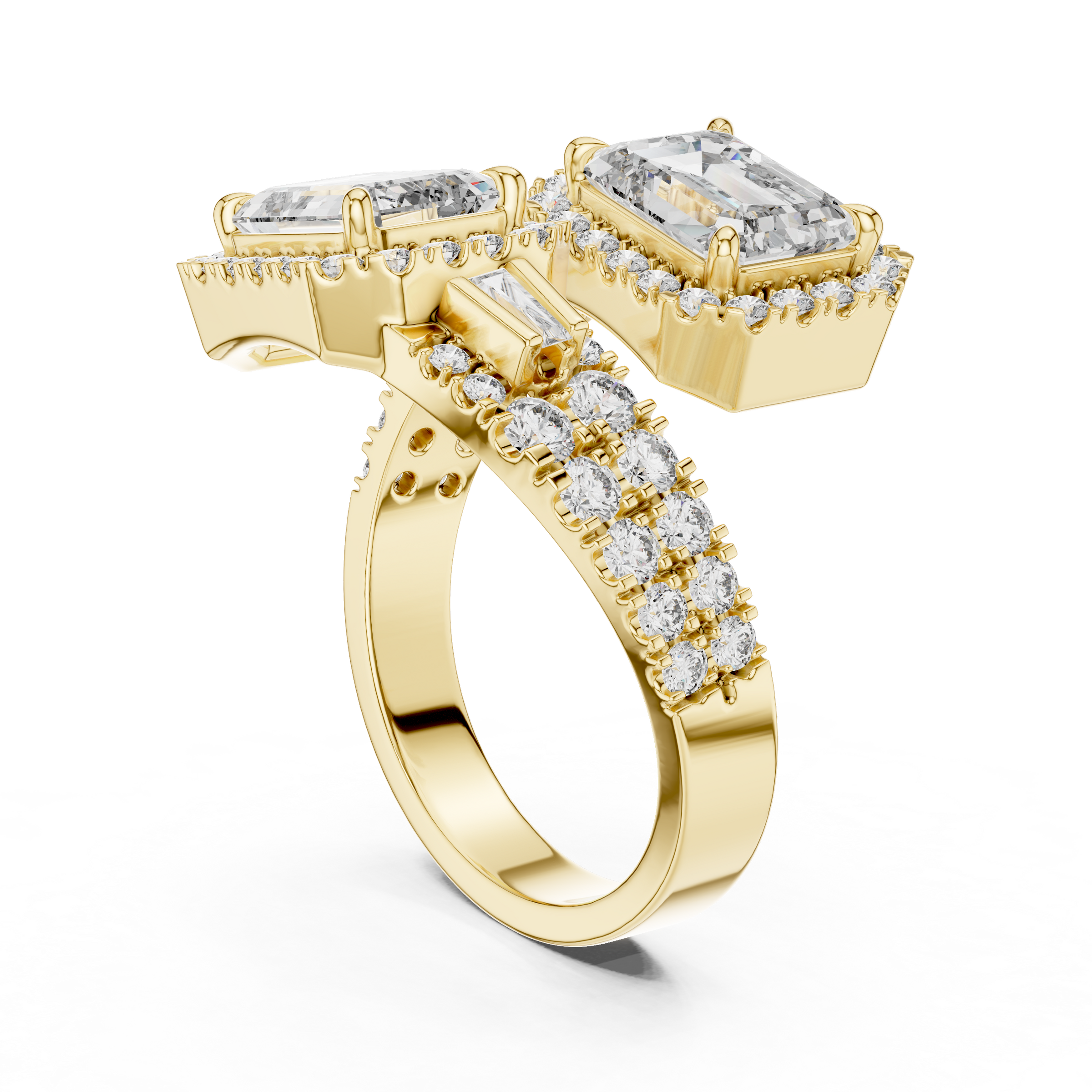 Toi et Moi Lab-Grown Diamond Engagement Ring with Emerald Solitaire (1.00ct Each)with Halo & Double Pave Band in 18K Gold