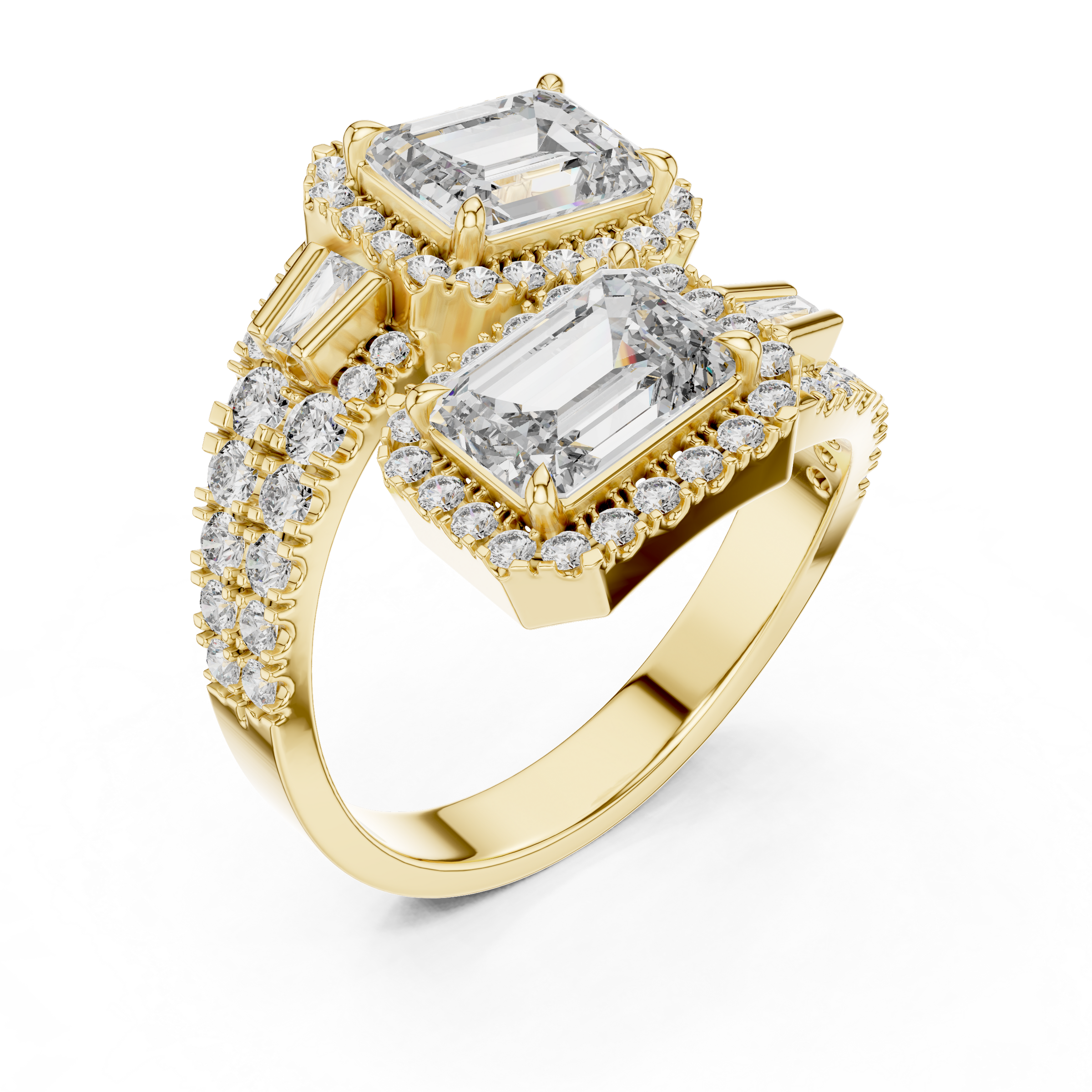 Toi et Moi Lab-Grown Diamond Engagement Ring with Emerald Solitaire (1.00ct Each)with Halo & Double Pave Band in 18K Gold